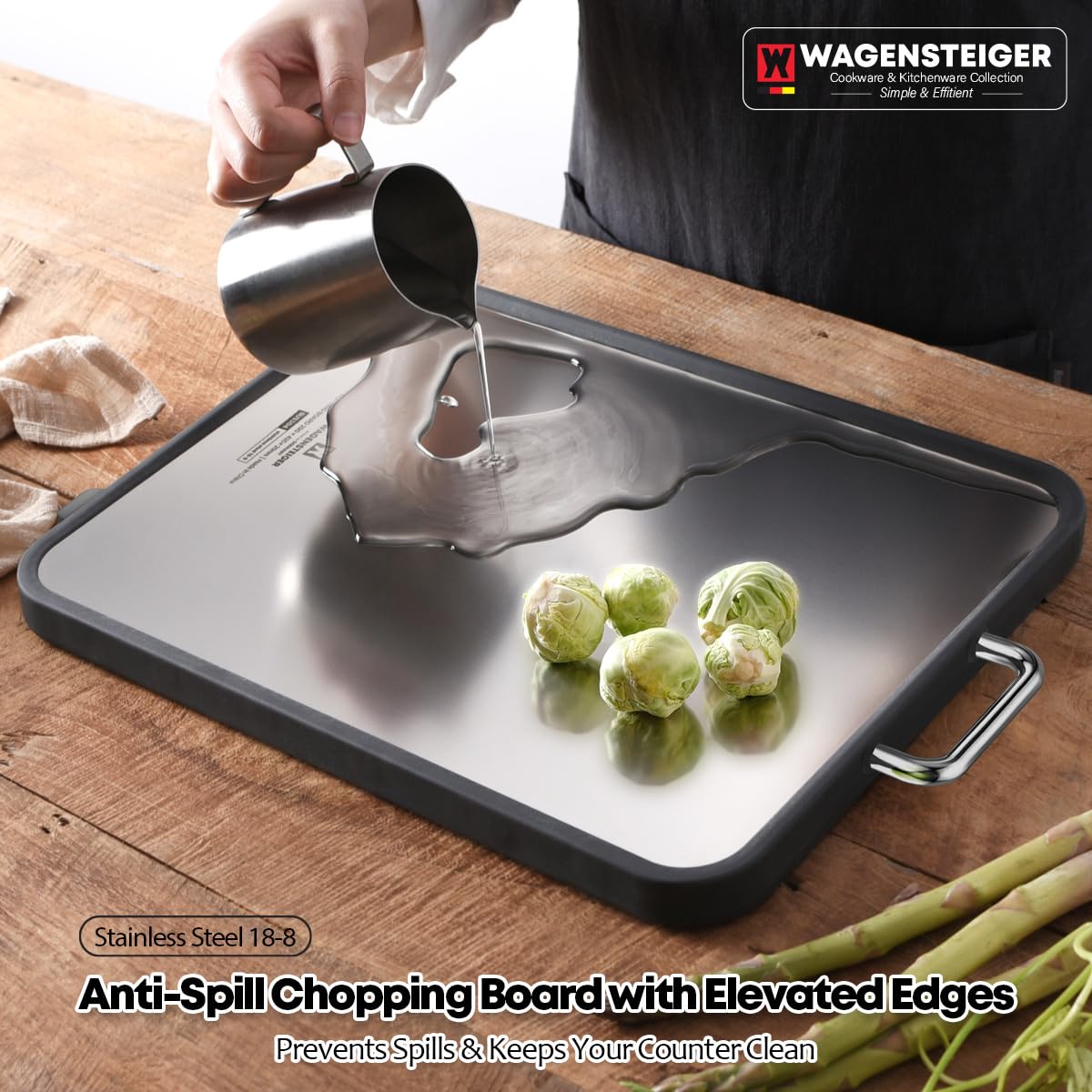 WAGENSTEIGER Tabla de cortar de doble cara de acero inoxidable, tabla de cortar, lado de tabla de metal y lado de tablero de plástico con paja de trigo en el interior, fácil de limpiar, diseñada para