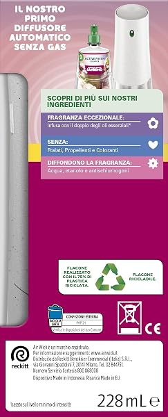 Air Wick Active Fresh Deodorante per Ambienti, Confezione con 1 Diffusore Automatico senza gas, 1 Ricarica alla Fragranza Sinfonia di Fiori di Sanremo con Oli Essenziali 228ml, 2 Pile AA - 3