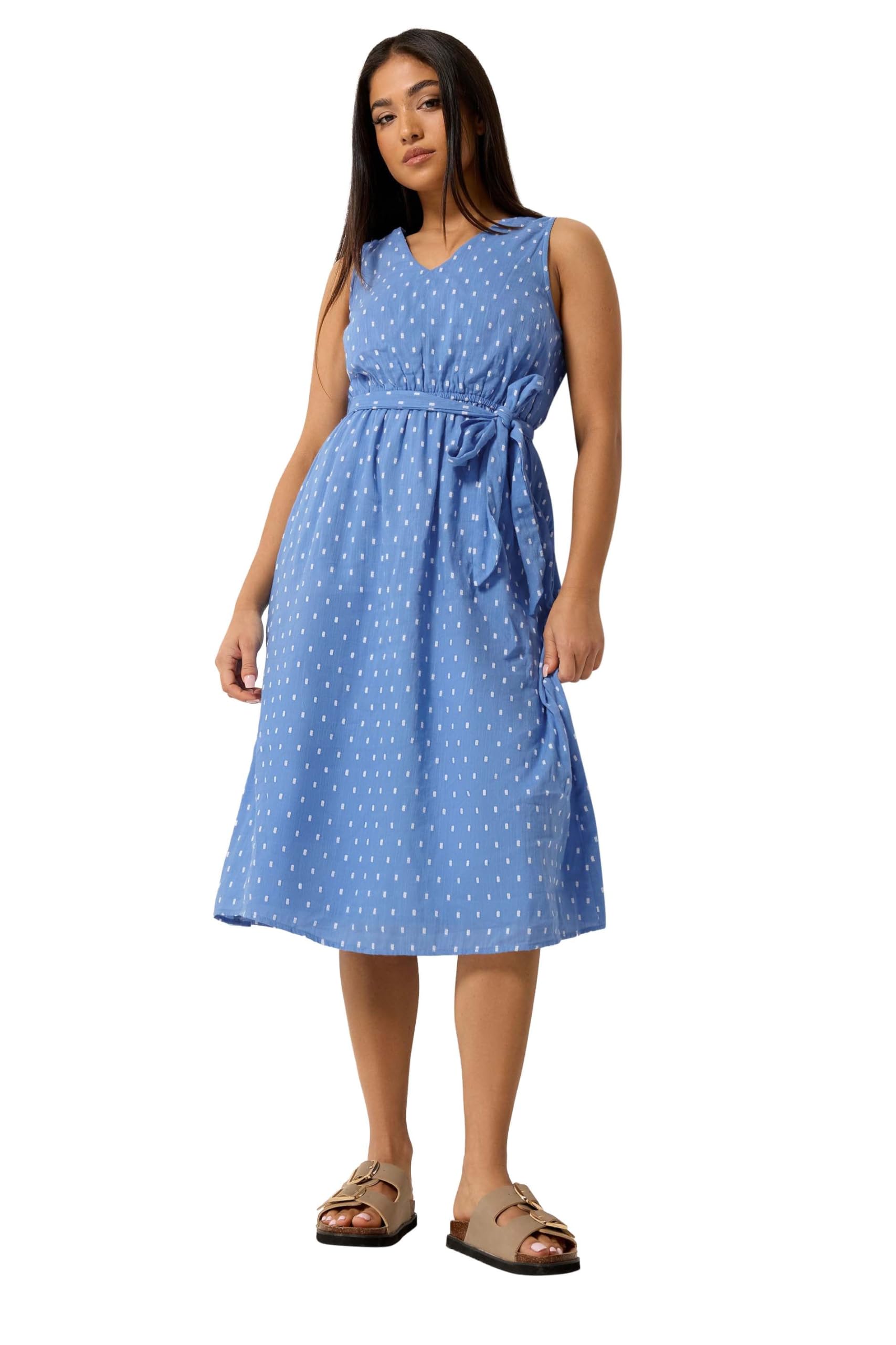 M&Co Women's Blue Petite Dobby Tie Waist Midi Dress In | : Size 16