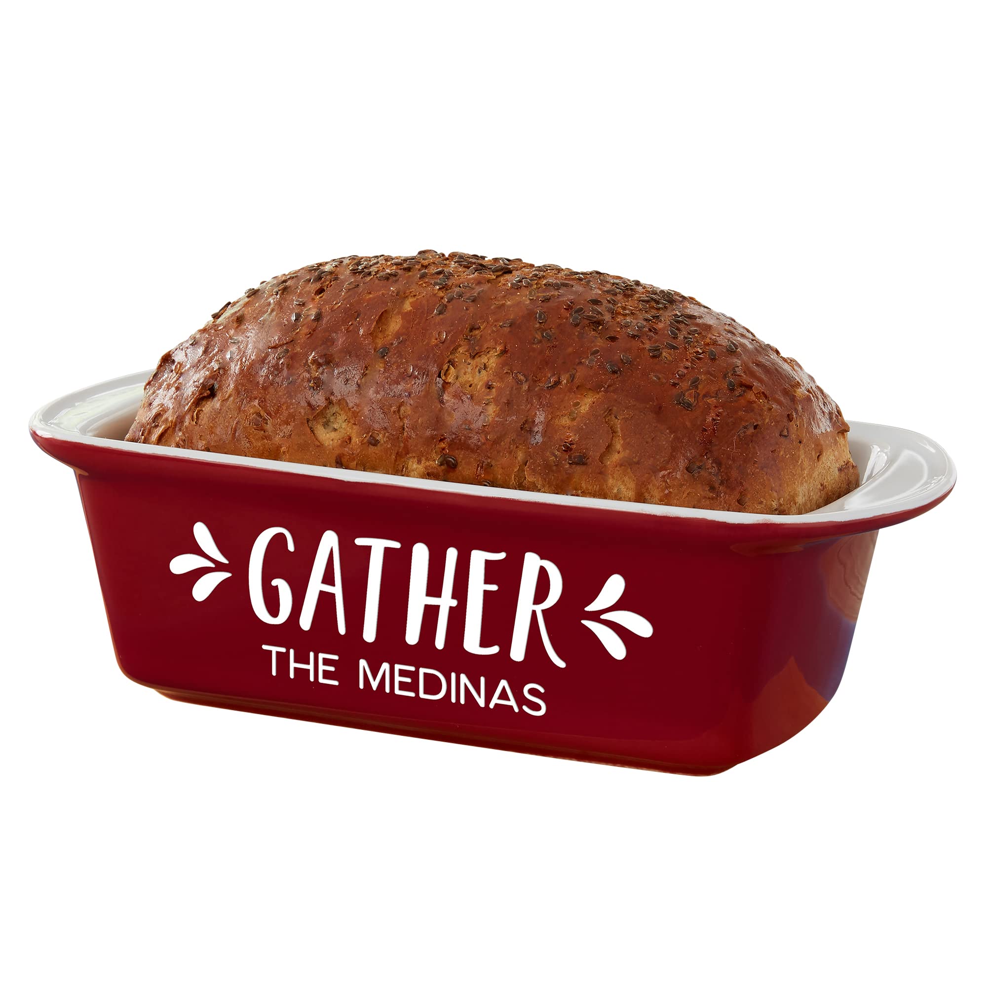 Personalization Universe Personalized Gather & Gobble Ceramic Loaf Pan, Hand-Glazed Stoneware Baking Dish for Homemade Bread, Meatloaf, 1.5 Quart Capacity, Oven Safe
