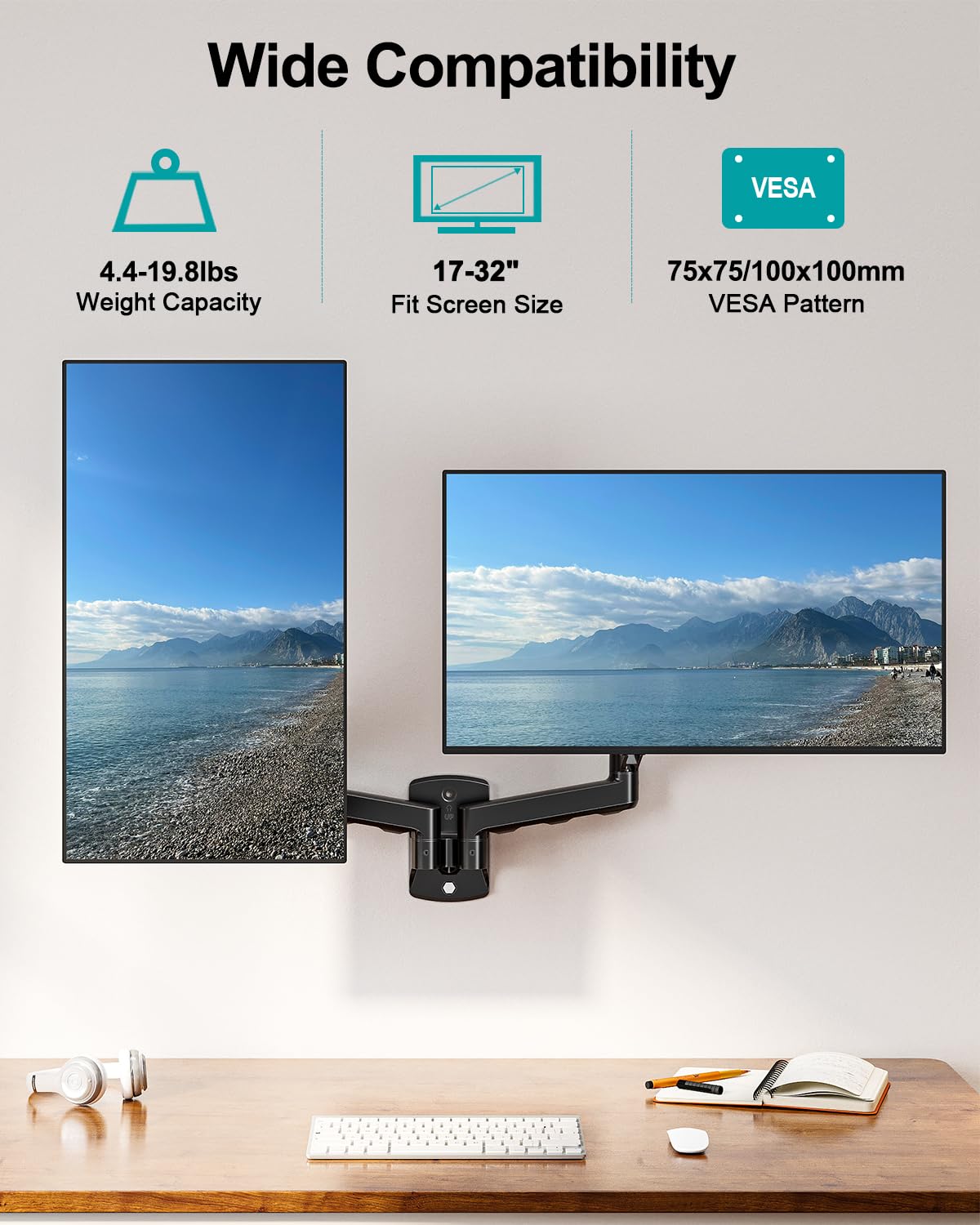 MOUNT PRO Staffa di montaggio a parete per doppio monitor, regolabile in altezza, articolata, con molla a gas, per schermi LCD da 13 a 32 pollici, supporta fino a 8 kg, VESA 75 x 75, 100 x 100