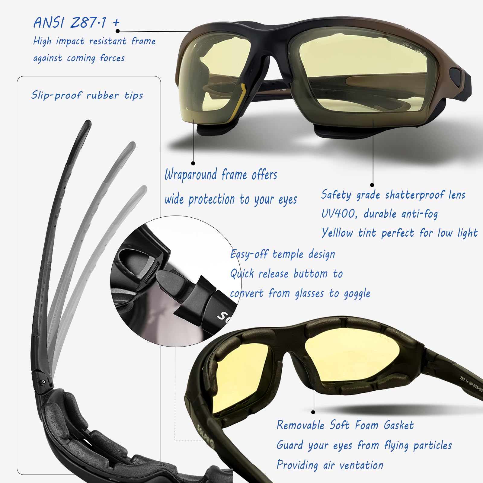 SOL PRO Powersport - Gafas de sol de seguridad para motocicleta, visión nocturna, antivaho, resistentes al polvo, envolventes, para hombres y mujeres, para cortar el césped, equitación, caza