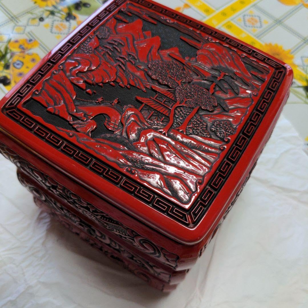 重箱骨董仙台堆朱2段彫刻 山水風景 龍文様 工芸品 漆塗 漆器