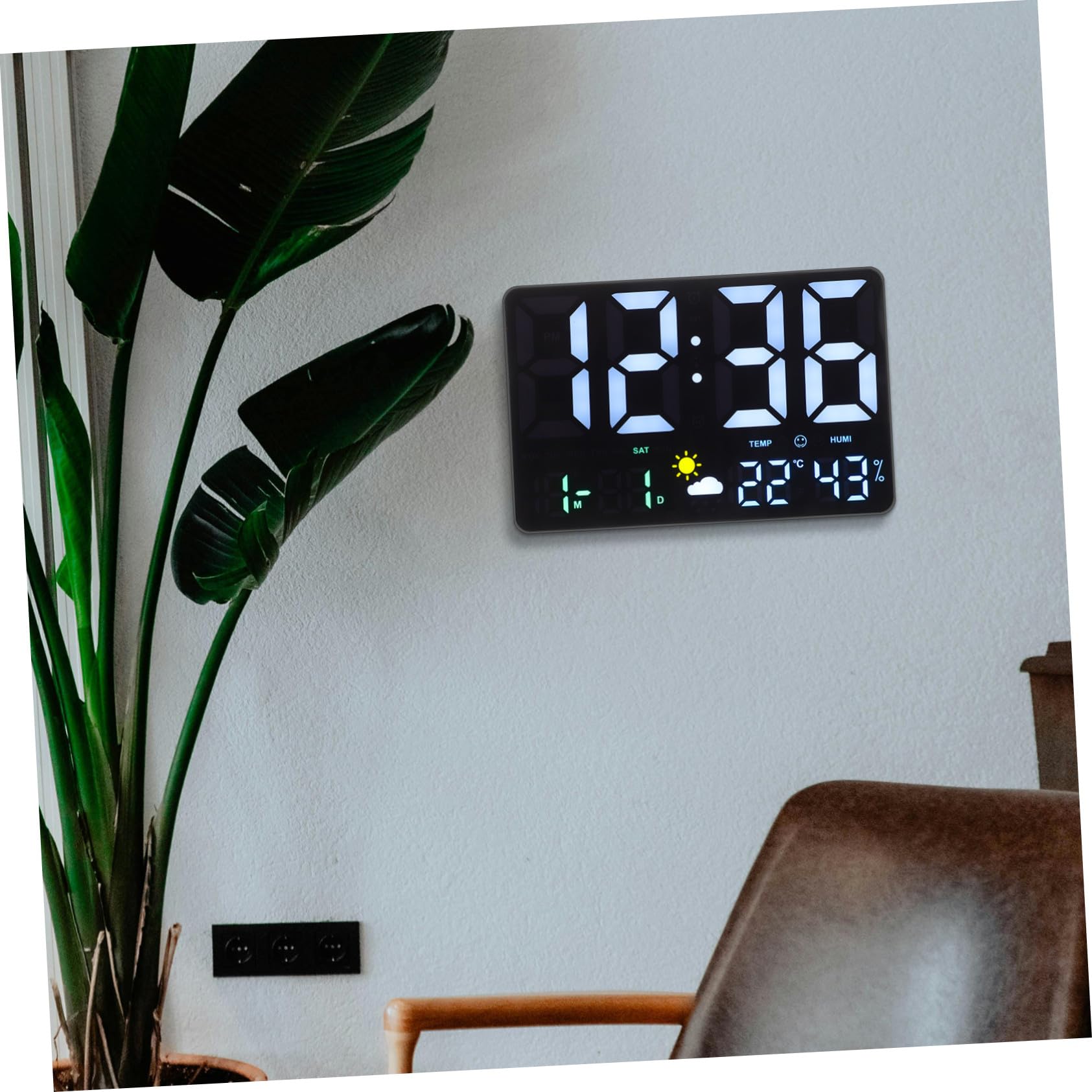 POPETPOP Digitale Wanduhr Groß mit LED Display Temperatur und Luftfeuchtigkeitsanzeige Luftdrucksensor Wettervorhersage Wecker und Kalender für Büro und Wohnzimmer