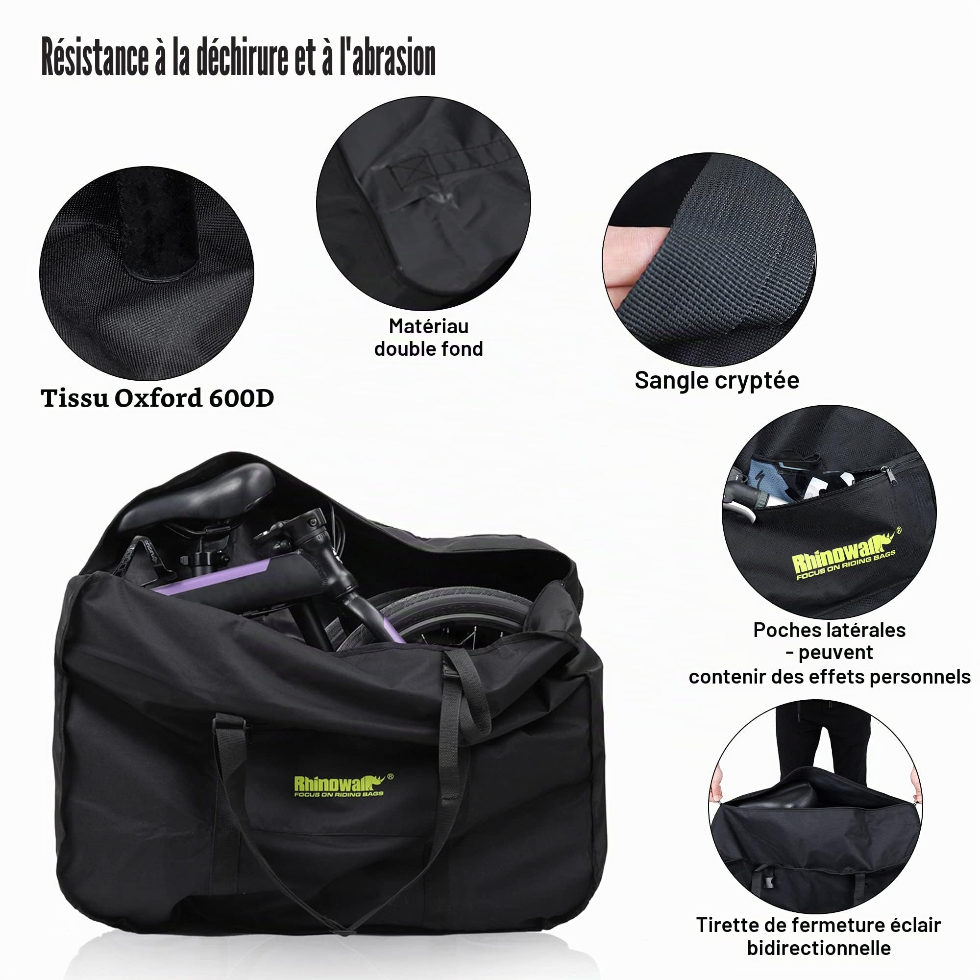 Rhinowalk Sac de vélo pliable pour vélos pliables de 50,8 cm - Étanche - Sac de transport pour vélo d'extérieur - Pour voiture, train, voyage en avion - Noir - 50,8 cm, Noir 50,8 cm, 83 x 33 x 69 cm,