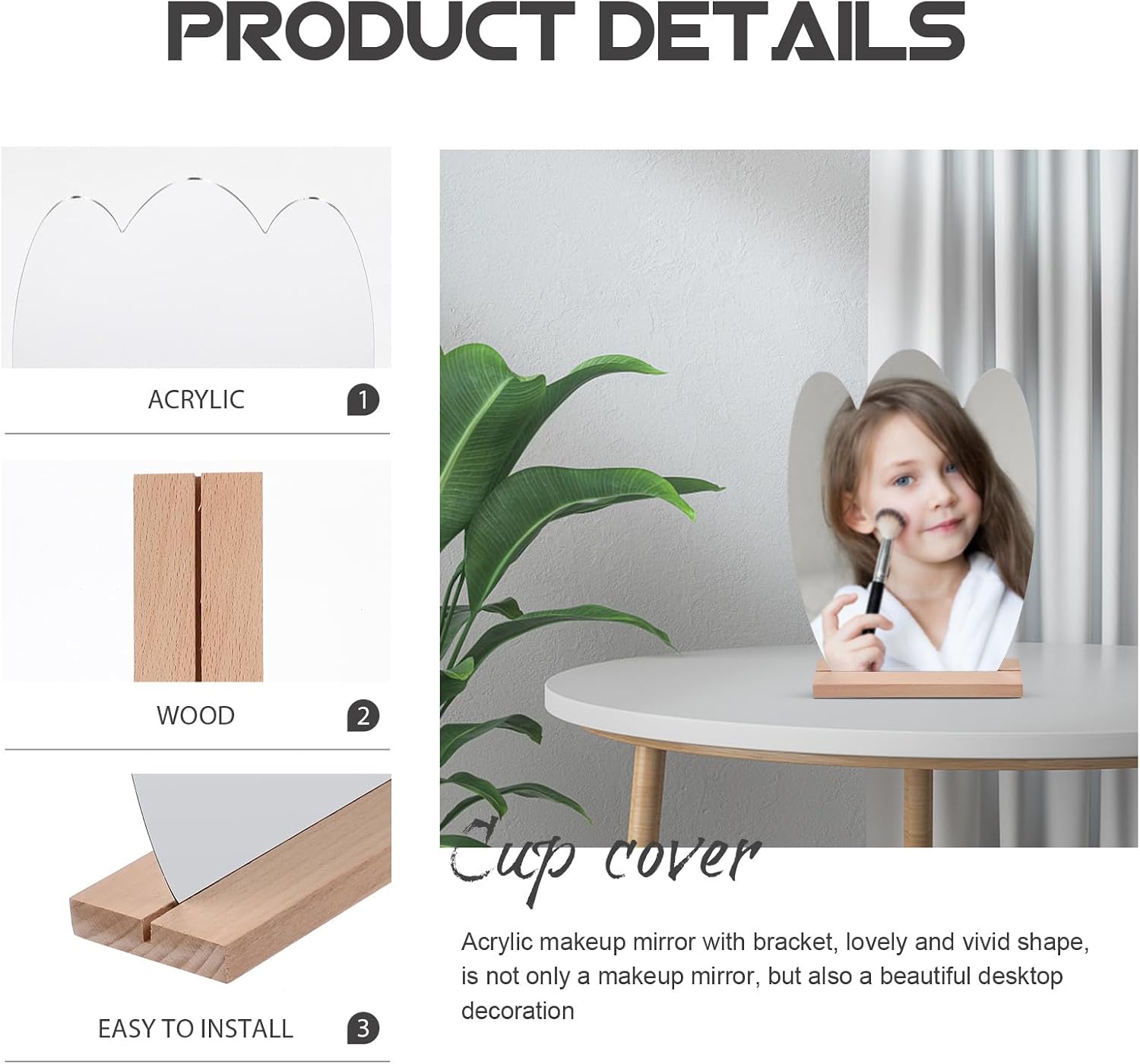 Irregular Desktop Makeup Mirror Wooden Acrylic Stand for Bedroom image 3