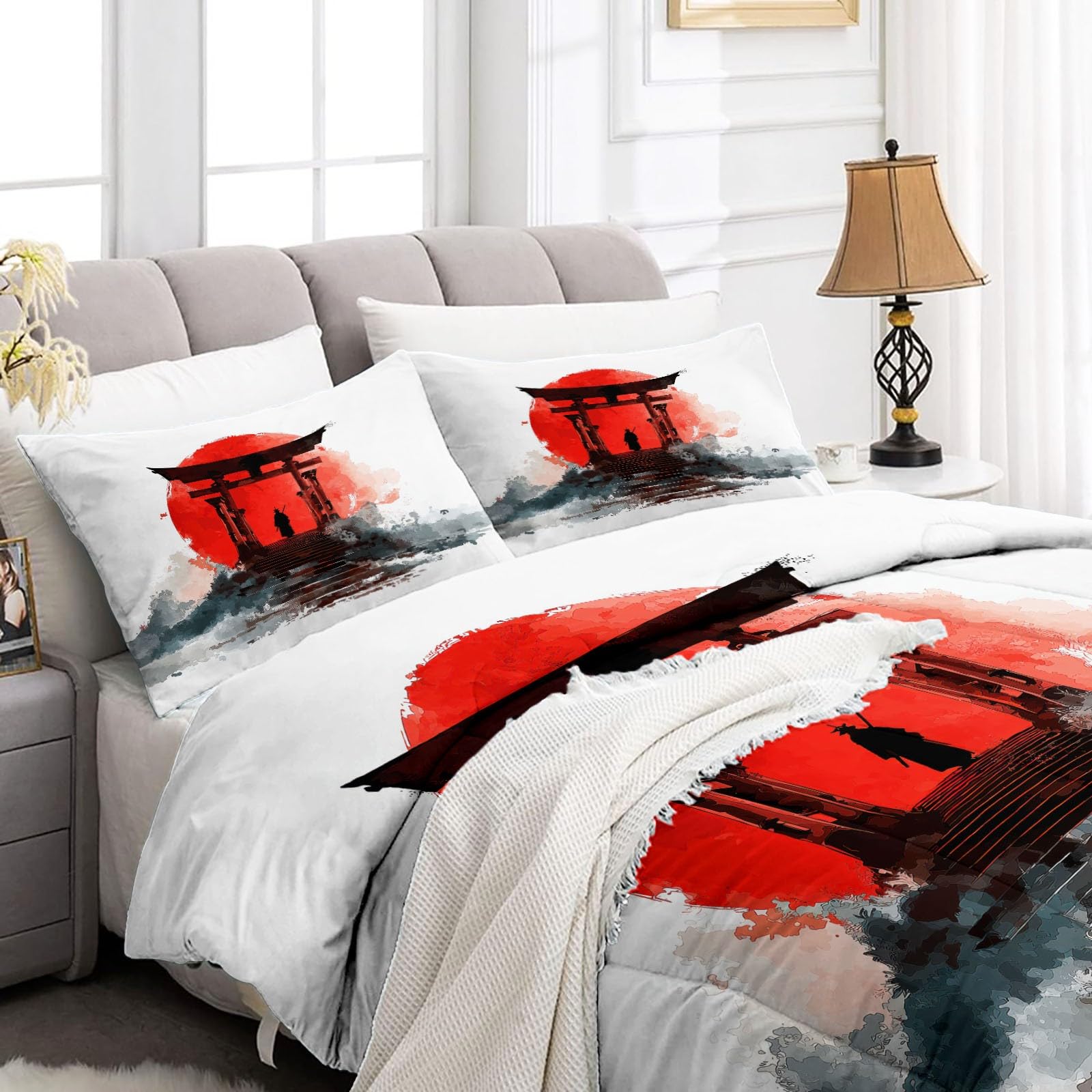 Torii akwarelowa kołdra na drzwi 135 x 200 cm 4 pory roku dla dorosłych, czerwona kołdra 2-osobowa zimowa ciepła kołdra przeciw roztoczom, 2 ochraniacze na poduszkę 65x65, bez poszewki