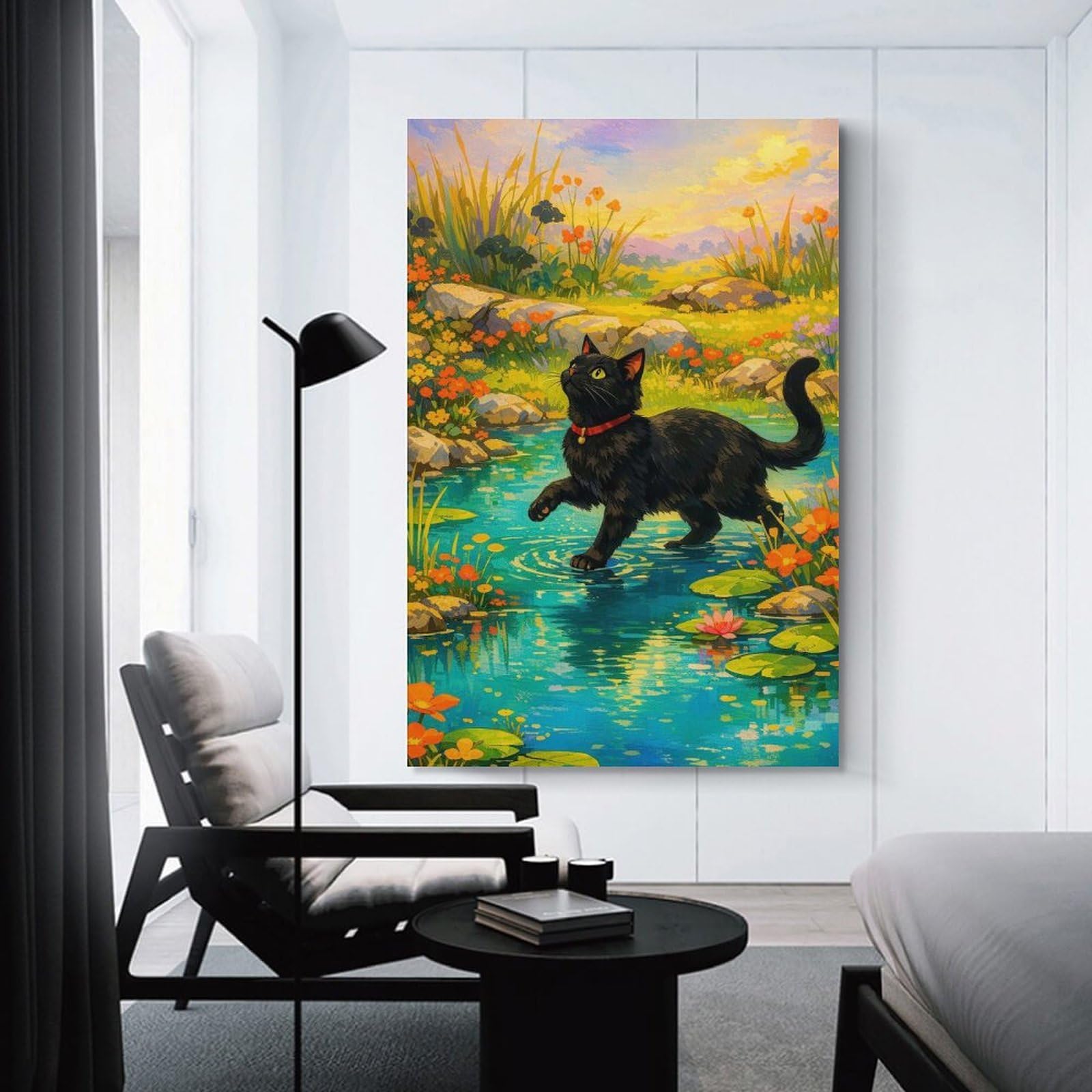 Junmoney Black Cat in A Water Lily Pond Decorative Wall Artwork 24x36inch(60x90cm), for New Homes, Bedrooms Or Workspaces, A Wall Art Gift for Fresh Interiors