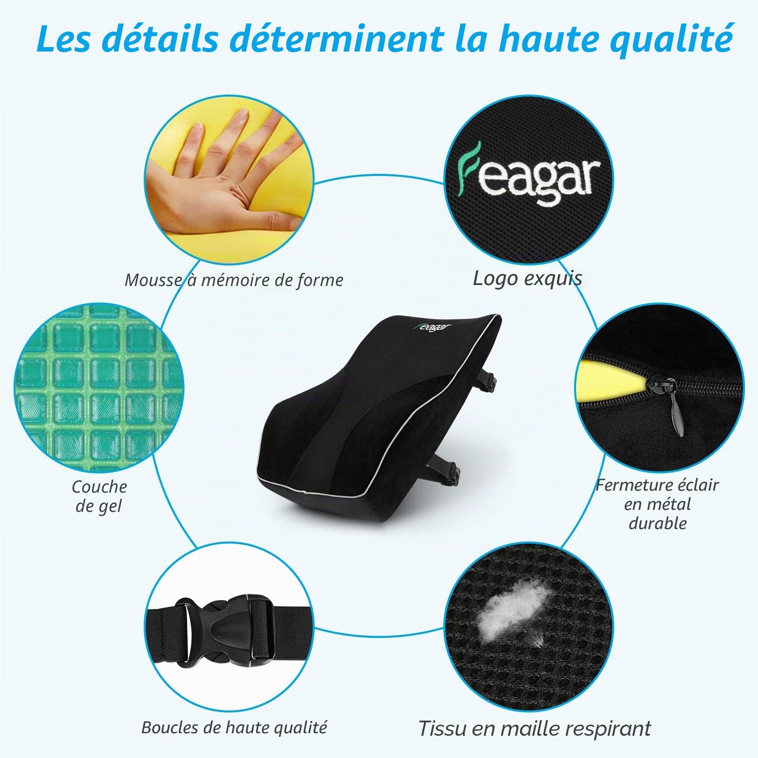 Feagar Coussin Lombaire en Gel-Oreiller Lombaire en Mousse à Mémoire avec Une Couche de Gel pour Siège d'Auto, Voiture, Fauteil, Chaise Bureau, Coussin d'Assise