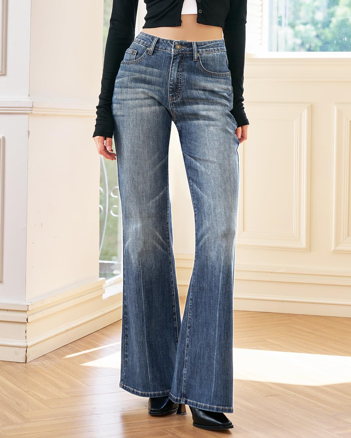 Women's High Waisted Bell Bottom Jeans Wide Leg Flare Bootcut Denim Pants w/Tummy Control Stretchy Trendy 2025 - Image 2