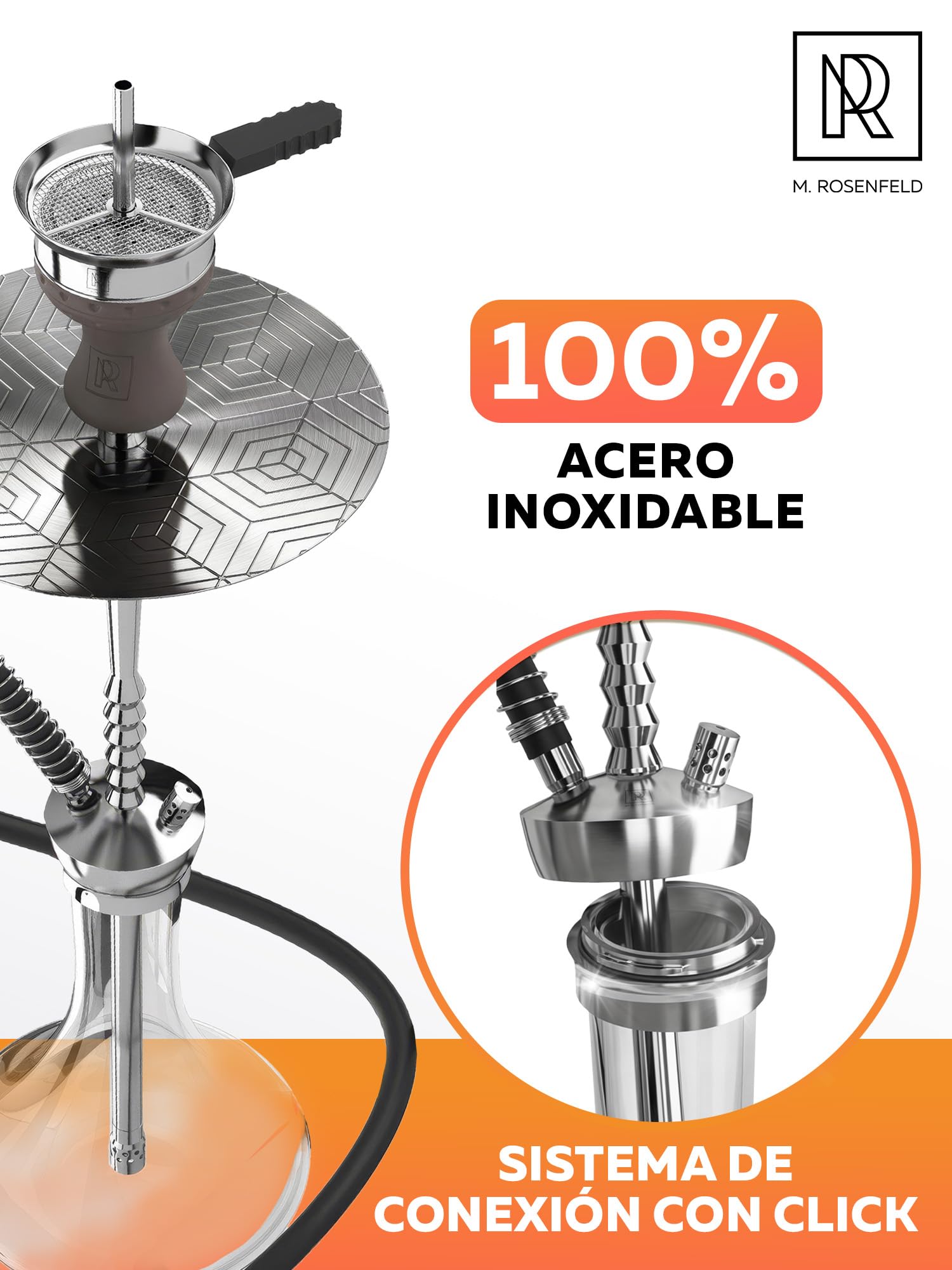M. ROSENFELD Shisha de Acero Inoxidable V2A | Set Completo con Manguera y Cabezal | Hookah Premium con Cámara Cerrada y 1 Conexión (para 2 Mangueras) (Steel One)