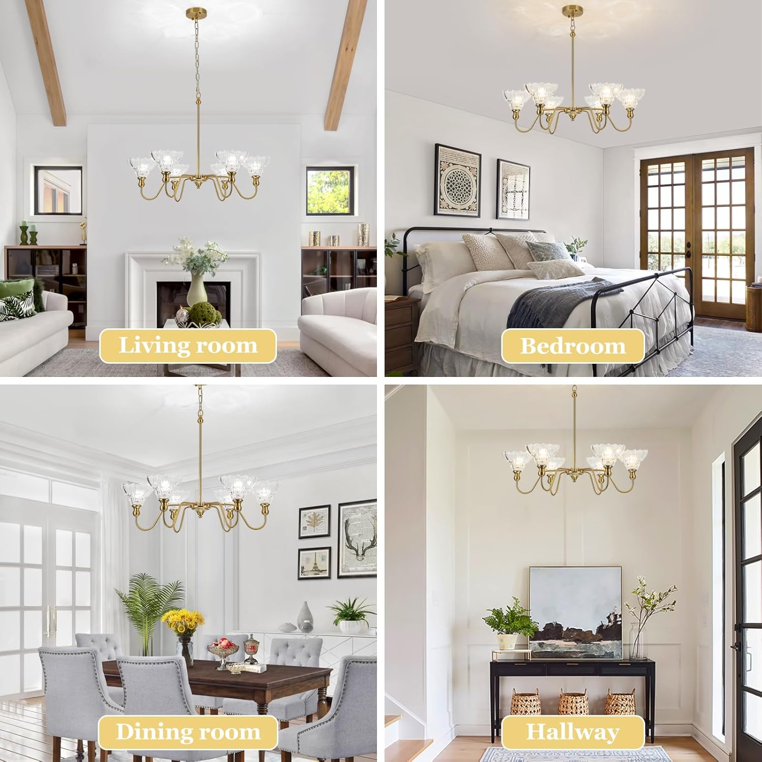 Vintage Chandelier Light, 6-Light Brass Pendant Lights Kitchen Island Lighting with Flower Glass Shade, Ceiling Hanging Light Farmhouse Chandeliers for Dining Room
