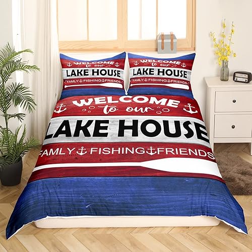 Miniatura 2 de Erosebridal Juego de funda de edredón de casa del lago tamaño Queen, juego de ropa de cama de pesca para adultos, hombres, niños, funda de edredón