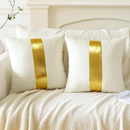 Miniatura 2 de Artscope Juego de 2 fundas de almohada de terciopelo blanco y beige con costuras de cuero dorado, fundas de cojín cuadradas modernas y minimalistas
