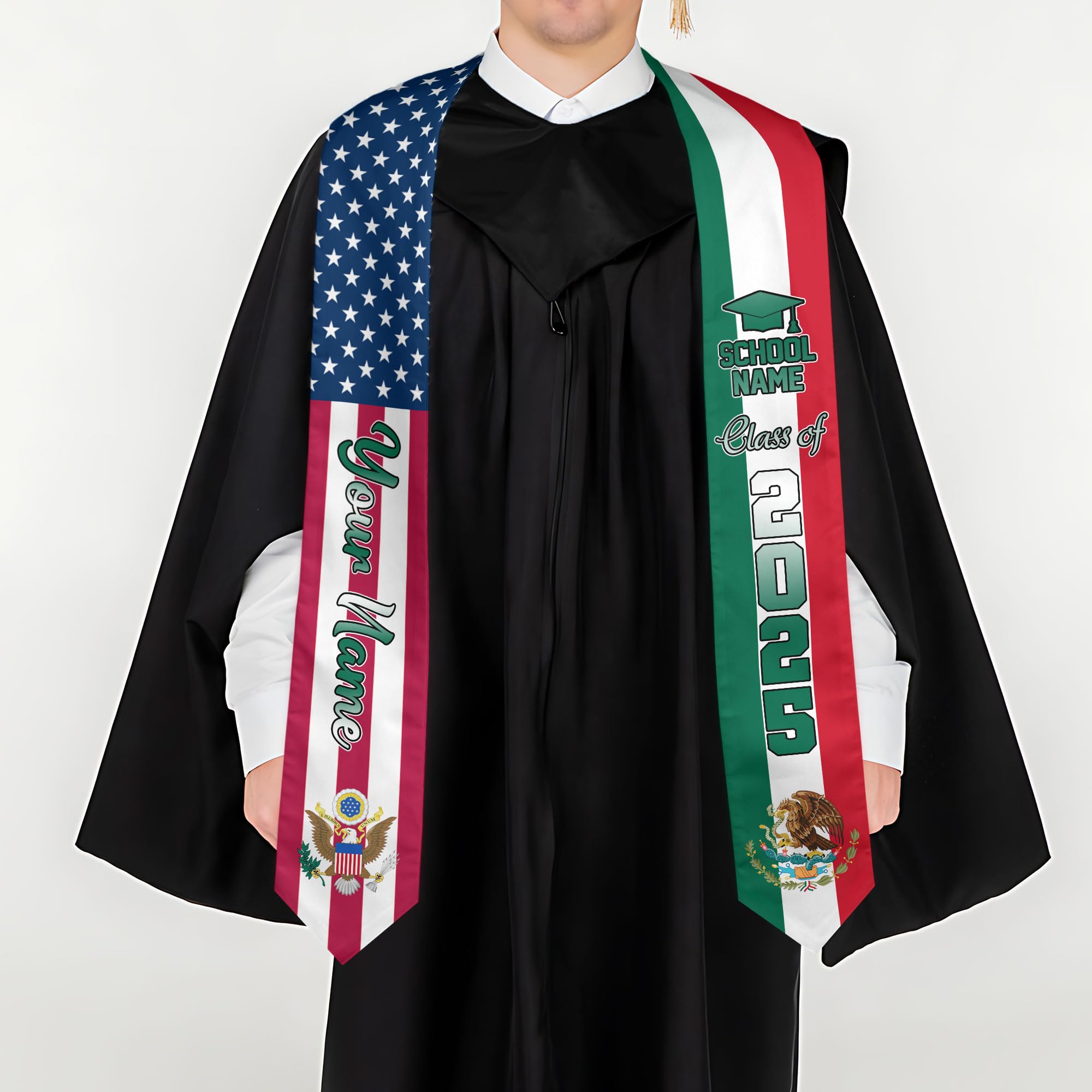 MonkeyVan Custom Mexican Graduation Sash Mexico Graduation Stole 2025 Mexican American Flag Graduate Sash Mexican Graduation M66