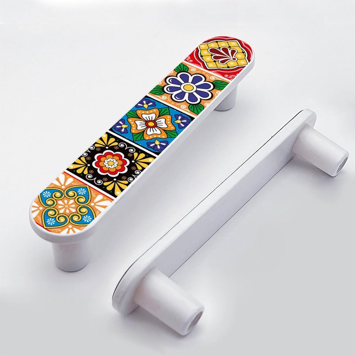 4 Pack Mexican Talavera Tile Big Cabinet Pull 3-3/4 Inch (96 mm) Hole Center White Cabinet Handles Unique Drawer Pull Bathroom Drawer Handle Kitchen Cabinet Hardware