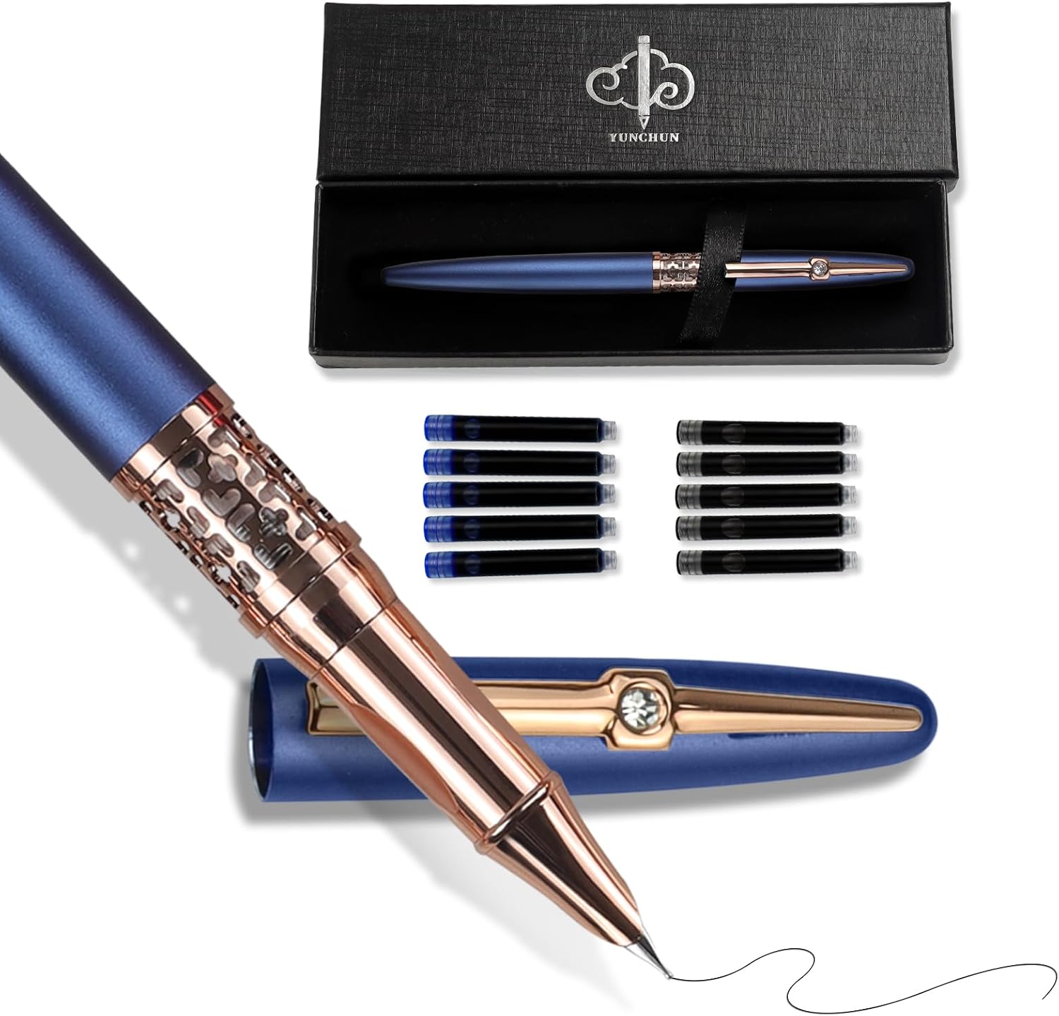 YUNCHUN Refillable Fountain Pen Fine Nib, Fancy Ink Pen with 10 Black & 10 Blue Ink Refills Cartridges, Cool Ink Pens for Writing, Business Metal, Best Gift Set for Men & Women, Blue