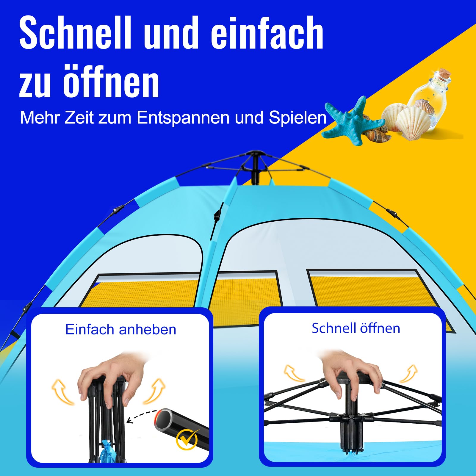 Purebox Strandmuschel, Strandzelt für 2-4 Personen, tragbares automatisches Strandzelt, UV50+ Schutz mit Doppeltüren, Strandmuscheln Geeignet für Familien-Strandcamping, Gartengrill, Wanderzelt