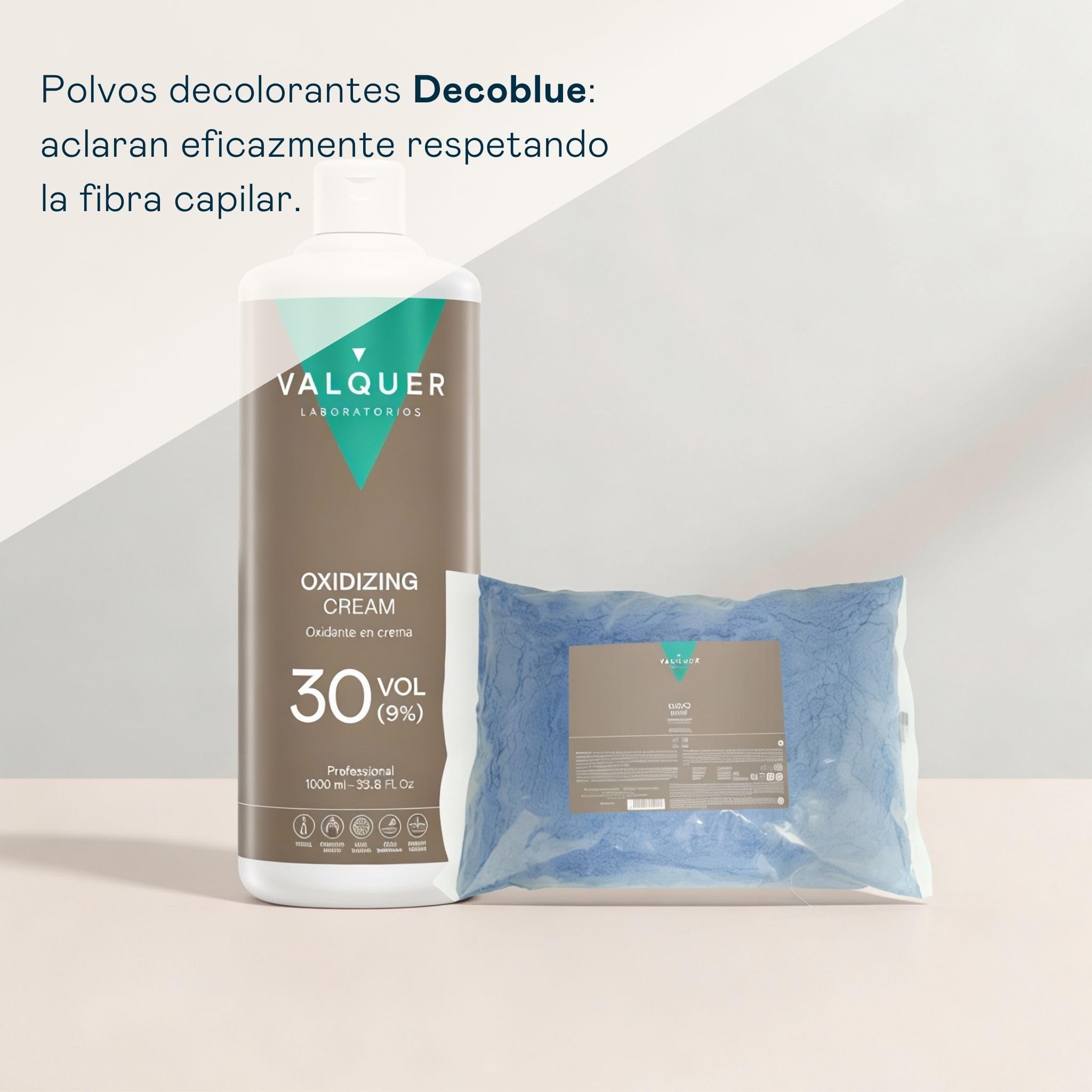 VALQUER Pack Decolorante de Pelo Profesional Permanente | Polvos Deco Blue 500 g y Agua Oxigenada 30 Vol 9% 1 L | Alta Aclaración del Pelo hasta 6 Tonos con Proteínas de Trigo | Vegano