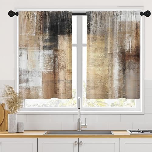 Cortinas de Cocina de Pintura Marrón Beige de 36 Pulgadas de Largo Cortinas de Ventana Abstractas de Nivel Corto Sobre el Fregadero Juego de 2,
