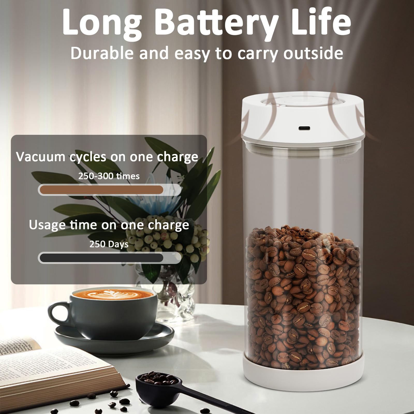Automatische Vakuum-Kaffeedose, 1,35 l, luftdichte Kaffeedose für 530 ml Kaffeebohnen, Ein-Knopf-Bedienung & Datums-Tracker, Kaffee- und Lebensmittelaufbewahrungsbehälter, Kaffeebarzubehör