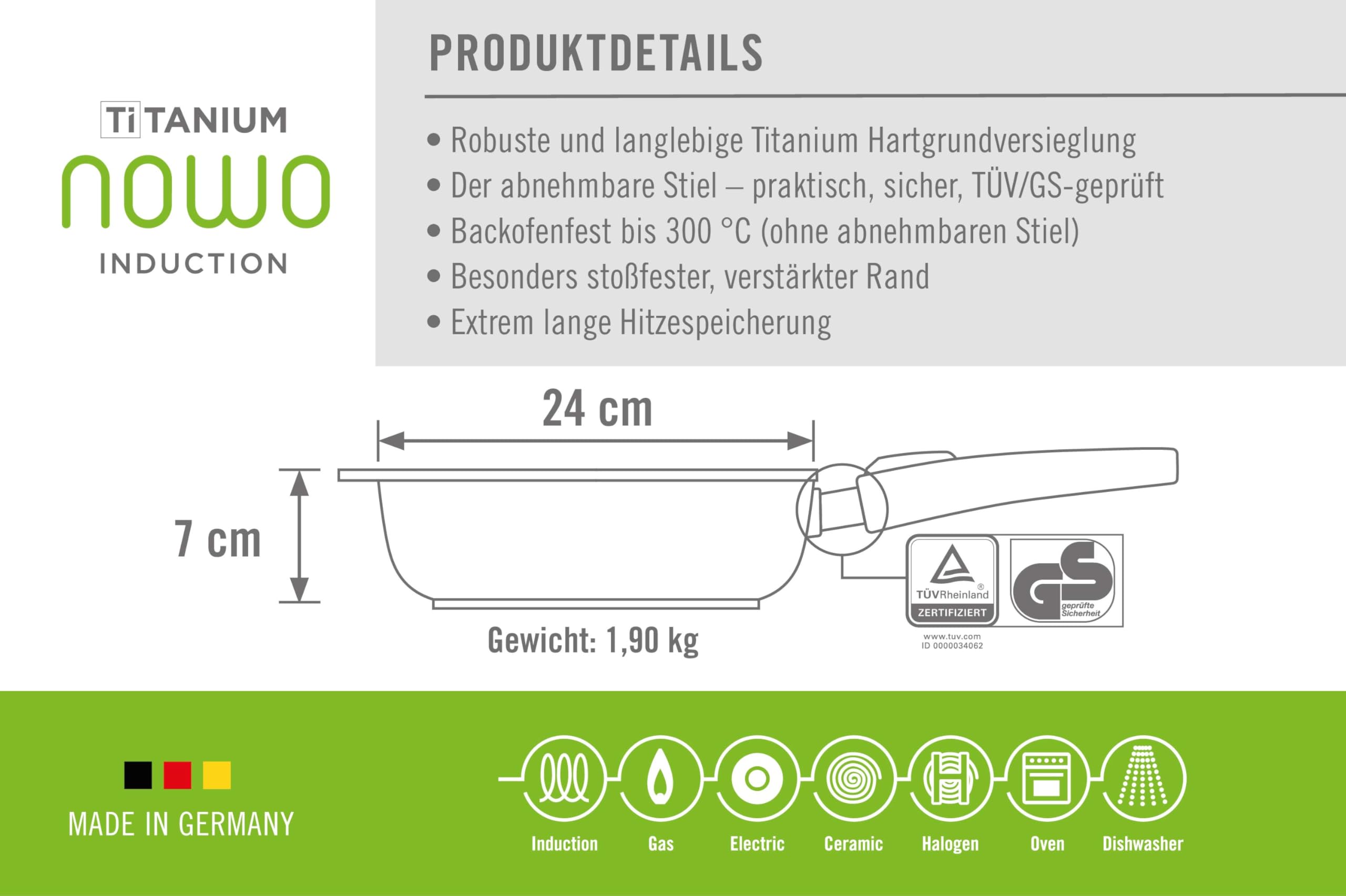 Woll Nowo Titanum Hochrandpfanne - Induktiv -, Ø 24 cm, 7 cm hoch, mit abnehmbarem Stiel - Geeignet für alle Herdarten, Aluguss, Antihaft-Versiegelung, Schwarz