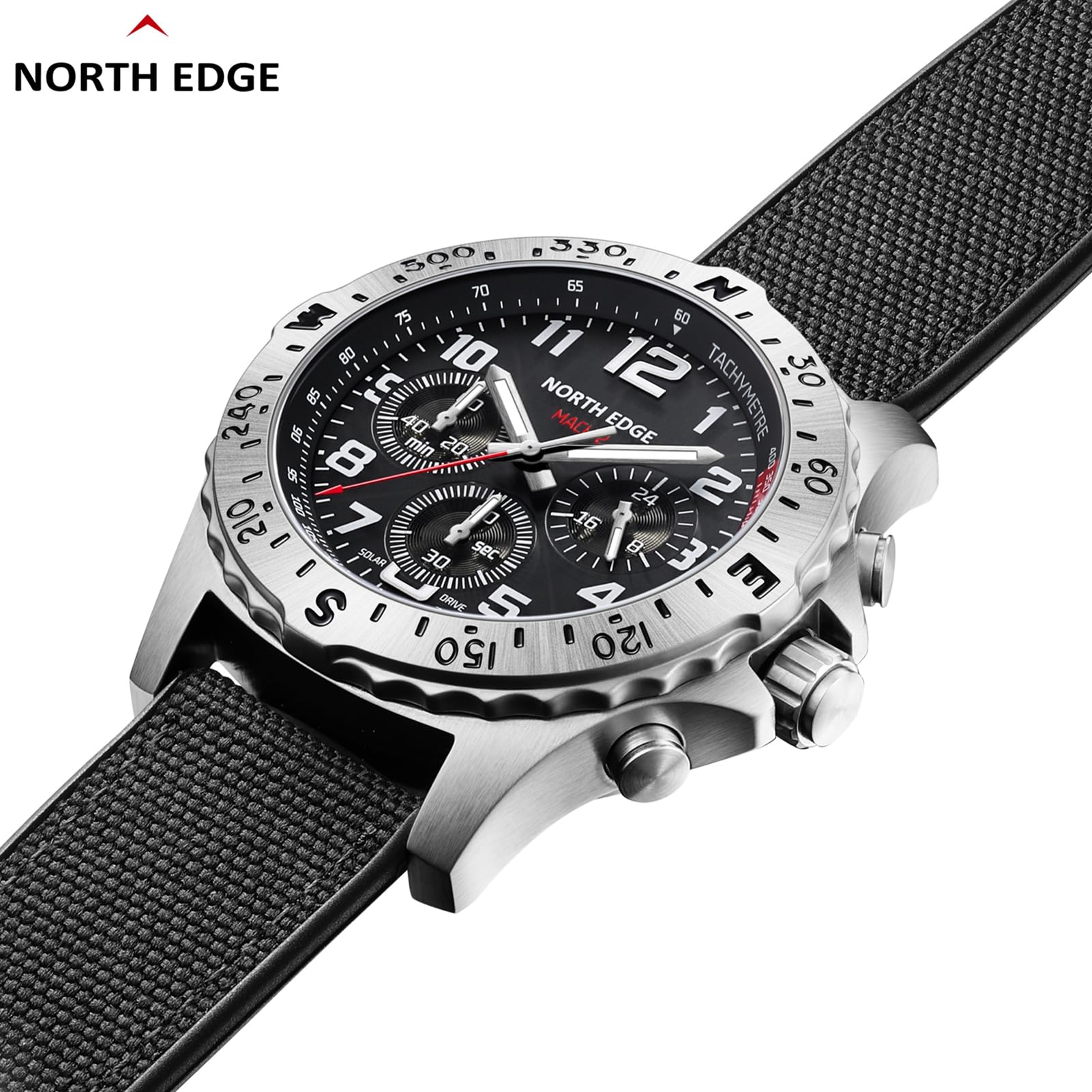 ERYUE Męski Chronograf Typu Pilot Zasilany energią słoneczną, ze 180-dniową rezerwą Chodu i świecącymi Wskazówkami do Aktywności na świeżym Powietrzu Zegarek ze Stali Nierdzewnej do Sportów Wodnych