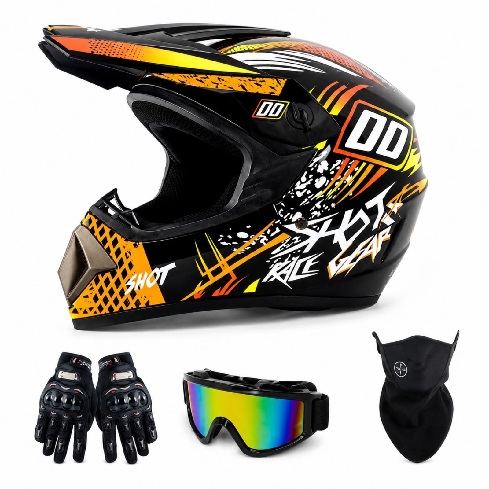 Set Casco Cross Integrale nero e arancione con Occhiali e Guanti