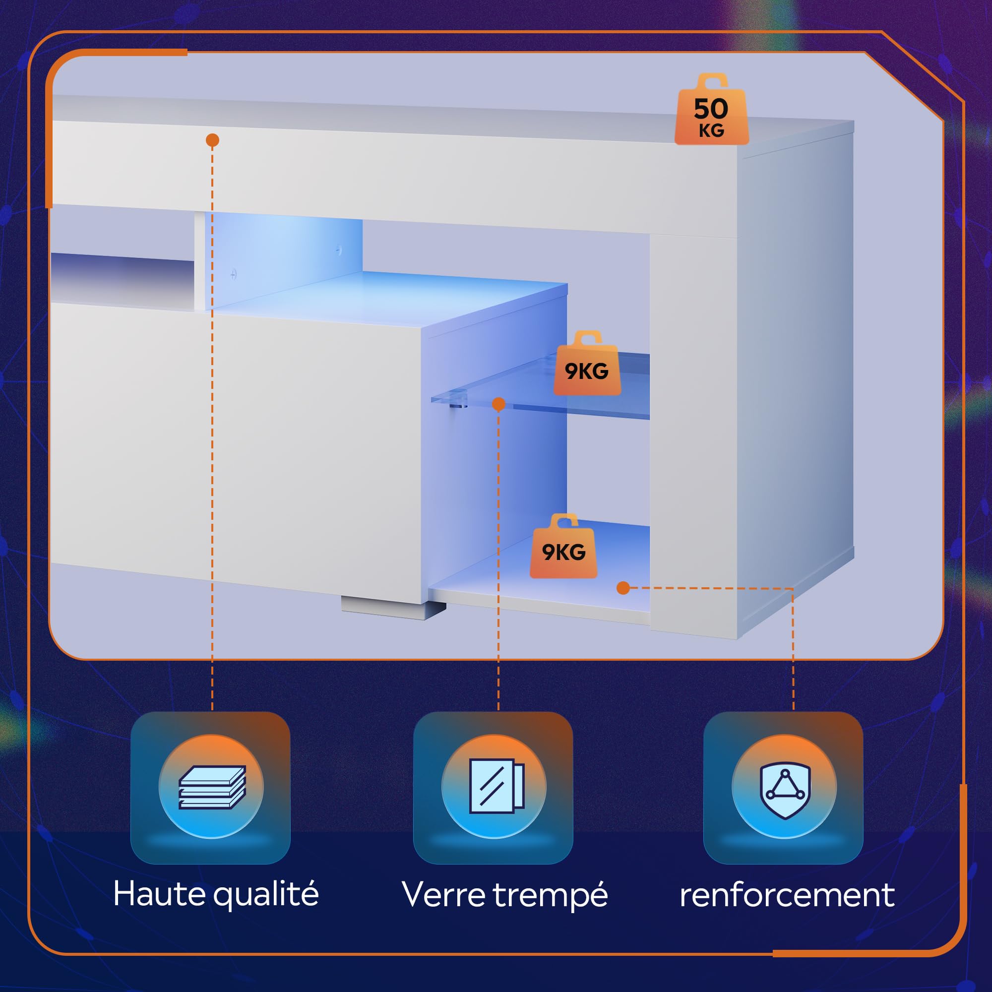 WLIVE Meuble TV LED 160 cm Blanc avec LED pour téléviseurs de 50, 55, 60, 65, 70", 20 Couleurs, RVB, pour Salon, Chambre à Coucher, Banc TV Moderne en Bois avec 2 tiroirs