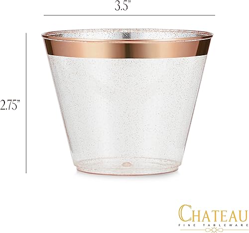 Miniatura 10 de Paquete de 100 vasos de plástico de 9 onzas con purpurina dorada con borde dorado, tazas de fiesta de alta calidad, elegantes y resistentes, bodas,