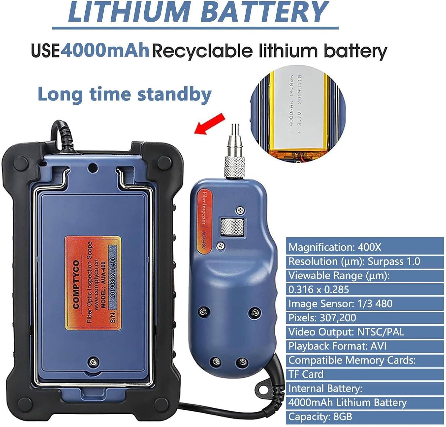 400X Magnification Fiber Optic Video Probe - Real-time Recording, 3.5" HD LCD Display, 4000mAh Rechargeable Battery, Perfect for Inspection & Maintenance