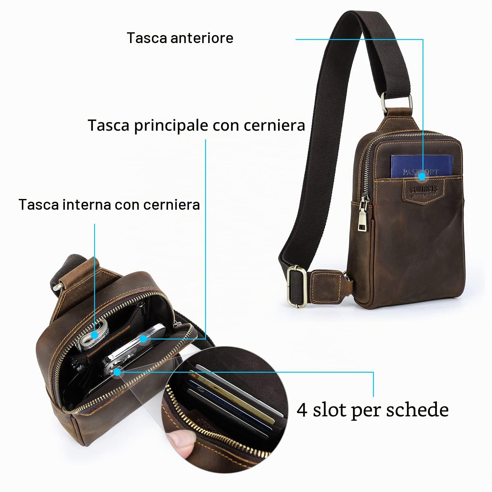 Contacts Marsupio unisex da uomo con scomparti per carte di credito e tasche con cerniera cintura regolabile a tracolla piccola borsa a tracolla per allenamento all'aperto escursionismo