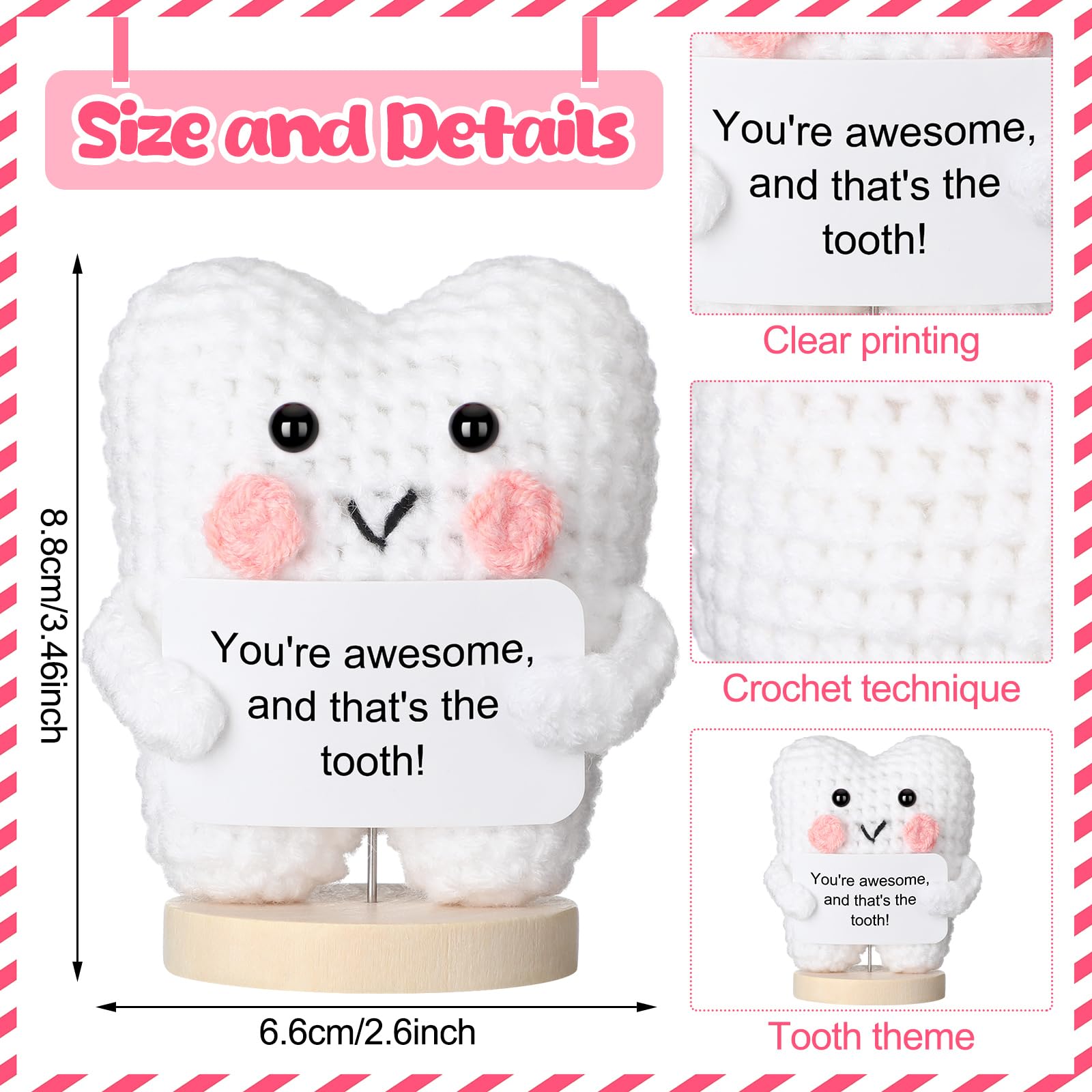 Simgoing Funny Tooth Doll Dental Hygienist Gifts Small Positive Cute Handmade Crochet Plush Doll with Card Dental Assistant Inspirational Gifts Dentist Nurse Appreciation Office Desk Decor(Classic)