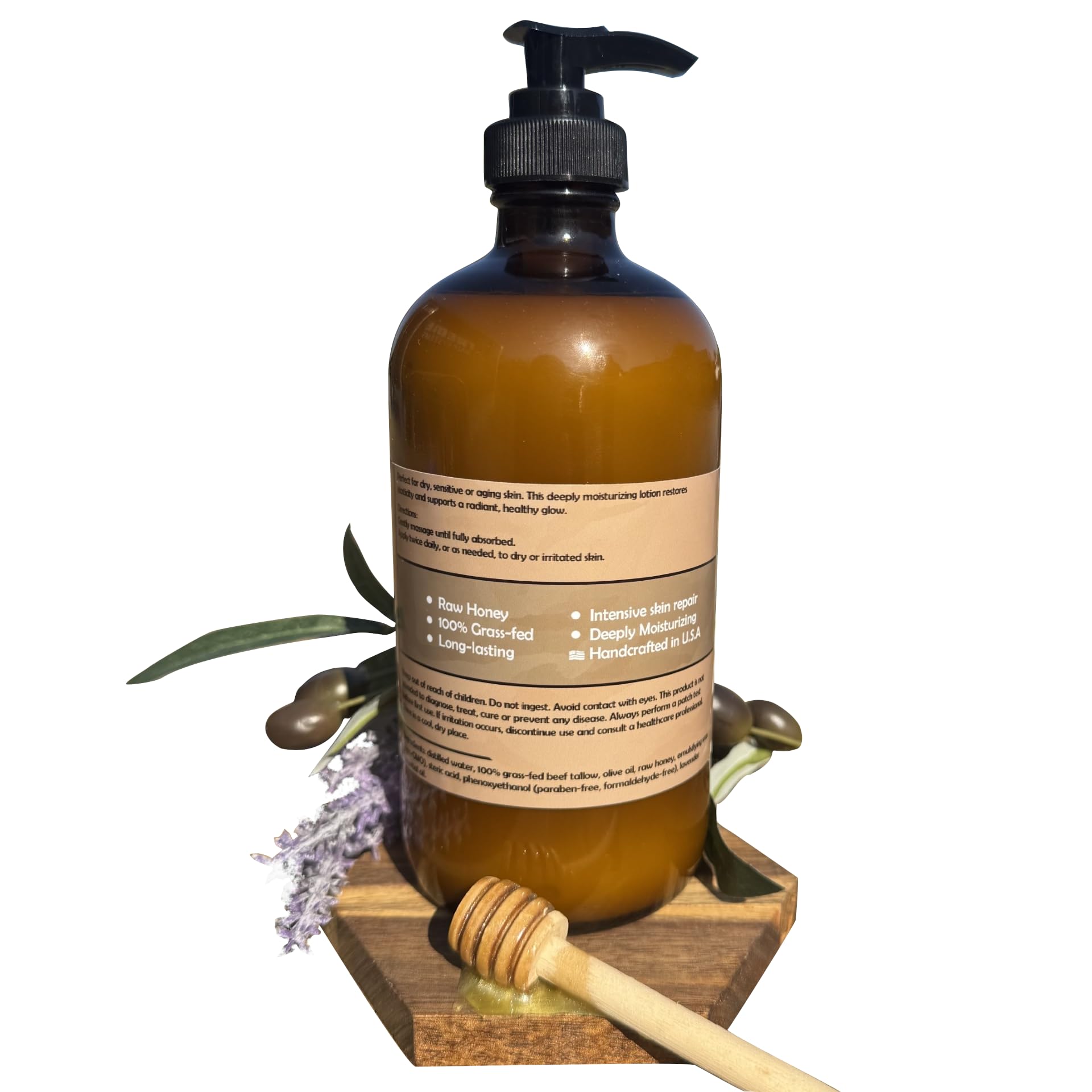 100% Grass-Fed Tallow & Honey Lotion with Olive Oil and Lavender, 16 oz