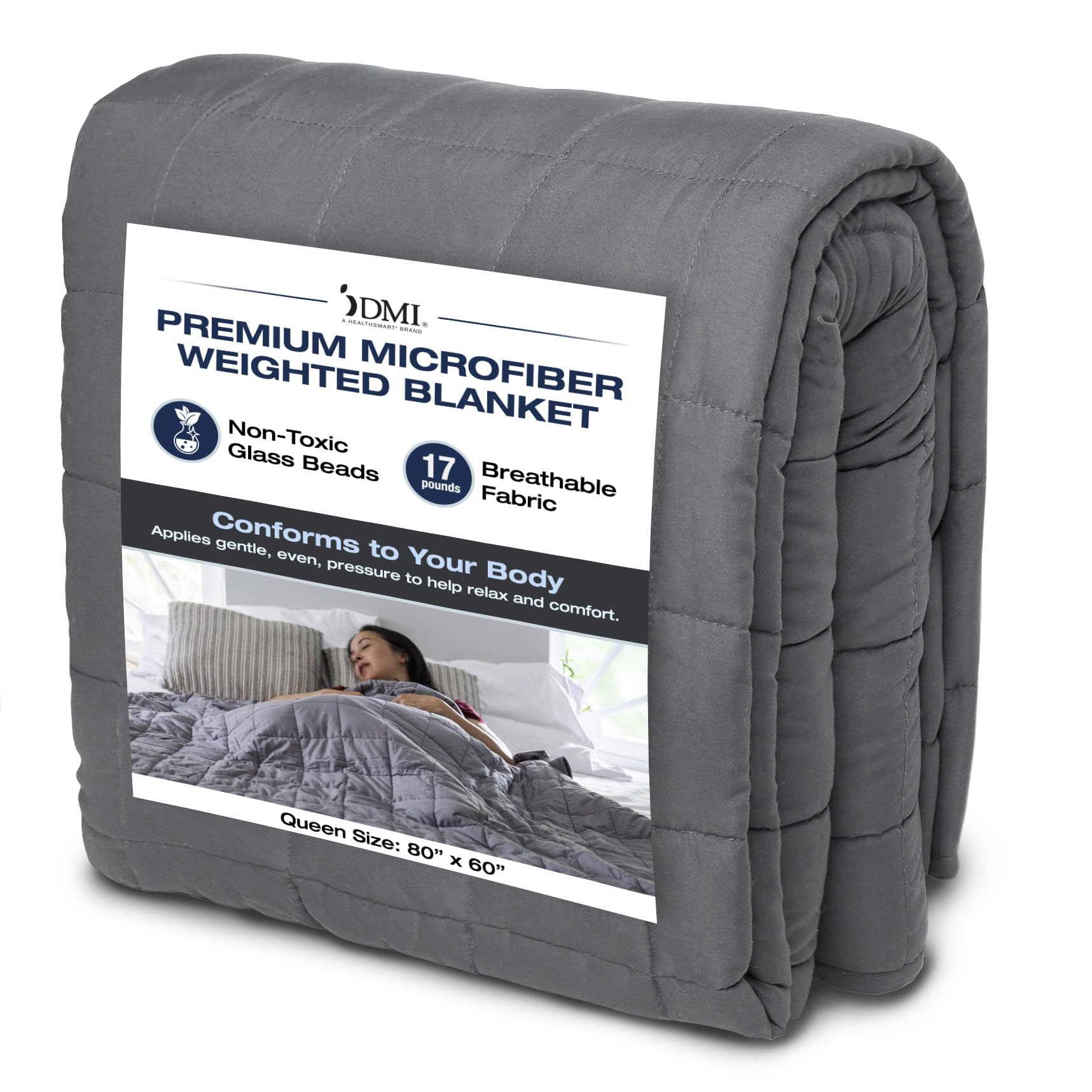 DMI Microfiber Weighted Blanket Queen Size | 17 lb Weighted Blanket | 80? x 60" Breathable | Soft Heavy Microfiber with Glass Beads | Breathable Weighted Blanket | Heavy Blanket Microfiber | Grey