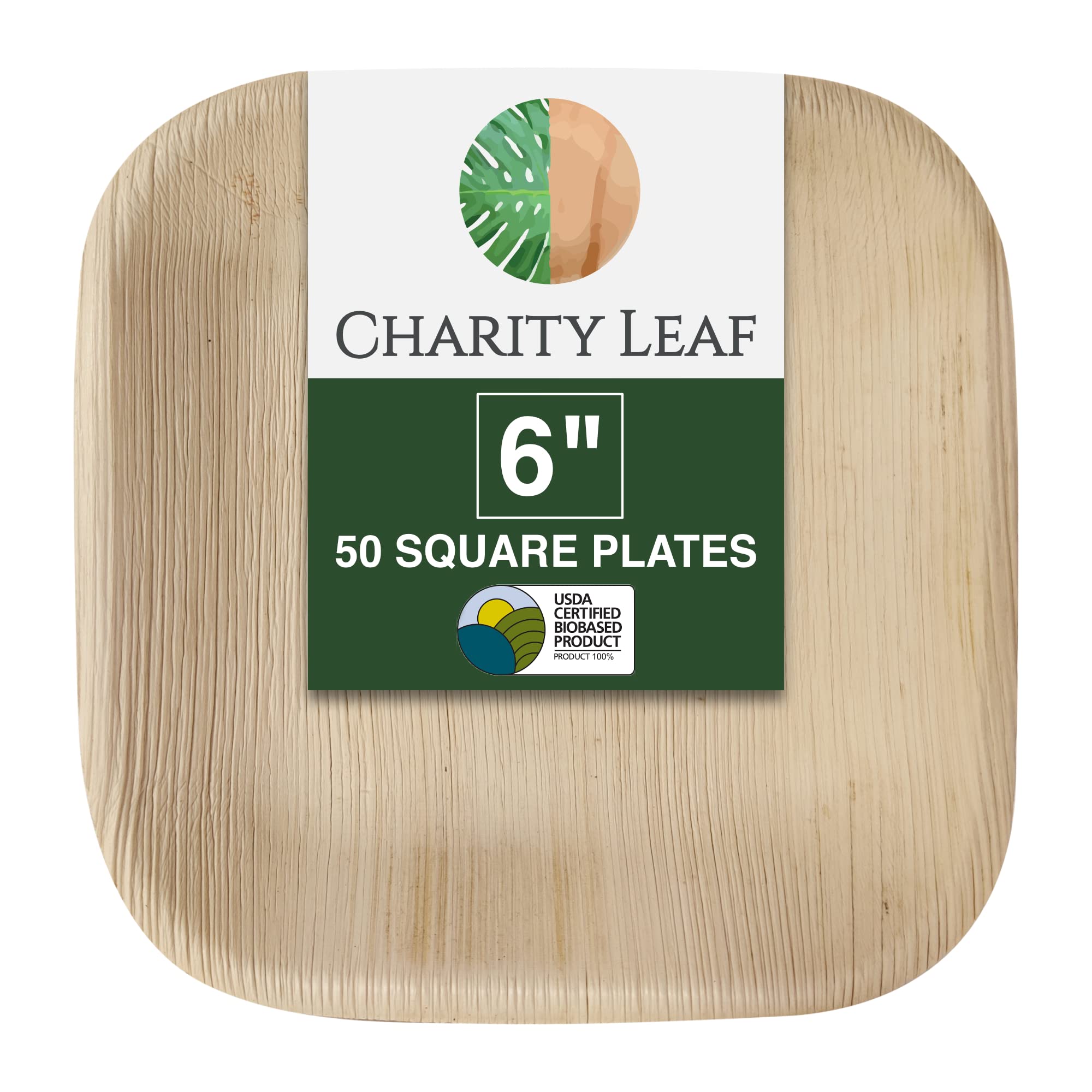 Charity Leaf - Platos desechables de hoja de palma como juego de platos cuadrados de bambú| bodas, tablas de embutidos, barbacoas y fiestas | Platos Cuadrados (50, 6 Cuadrados)