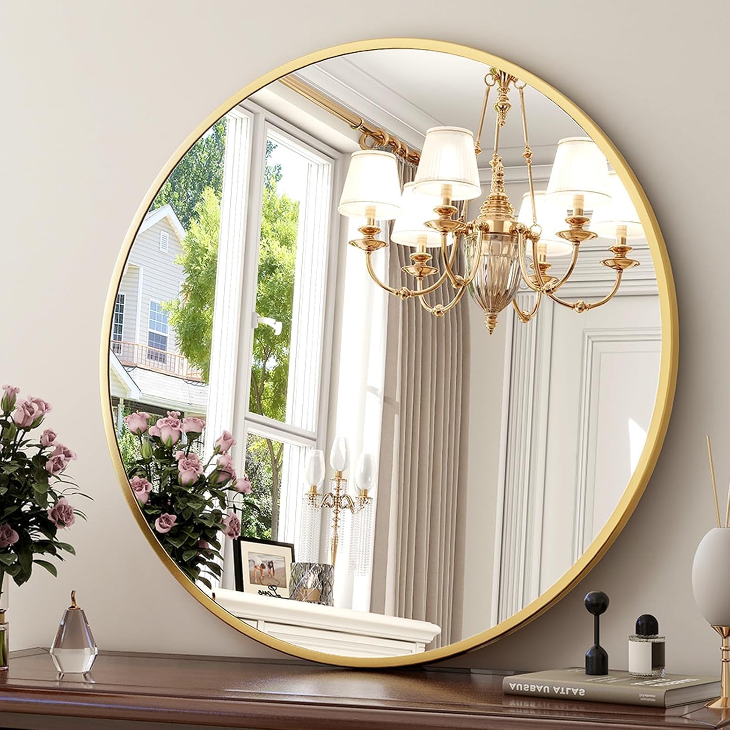 The Arts Box Gold Round Wall Mirror 24 Inch | Aesthetic Mirror for Room, Brass Frame Mirror for Bathroom, Mirror for Washbasin, Decorative Round Mirror for Bedroom & Living Room Décor