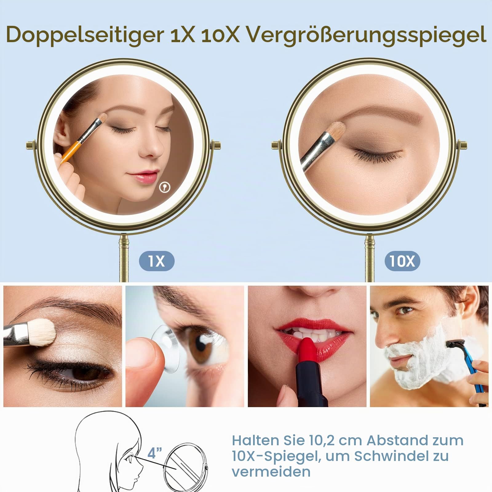 Tischspiegel mit Licht Europäischer Retro Schminkspiegel Vintage Hochauflösender Schreibtisch Kosmetikspiegel Einstellbares 3 Farben Licht 1X/10X-Vergrößerung 360Grad -Altgold