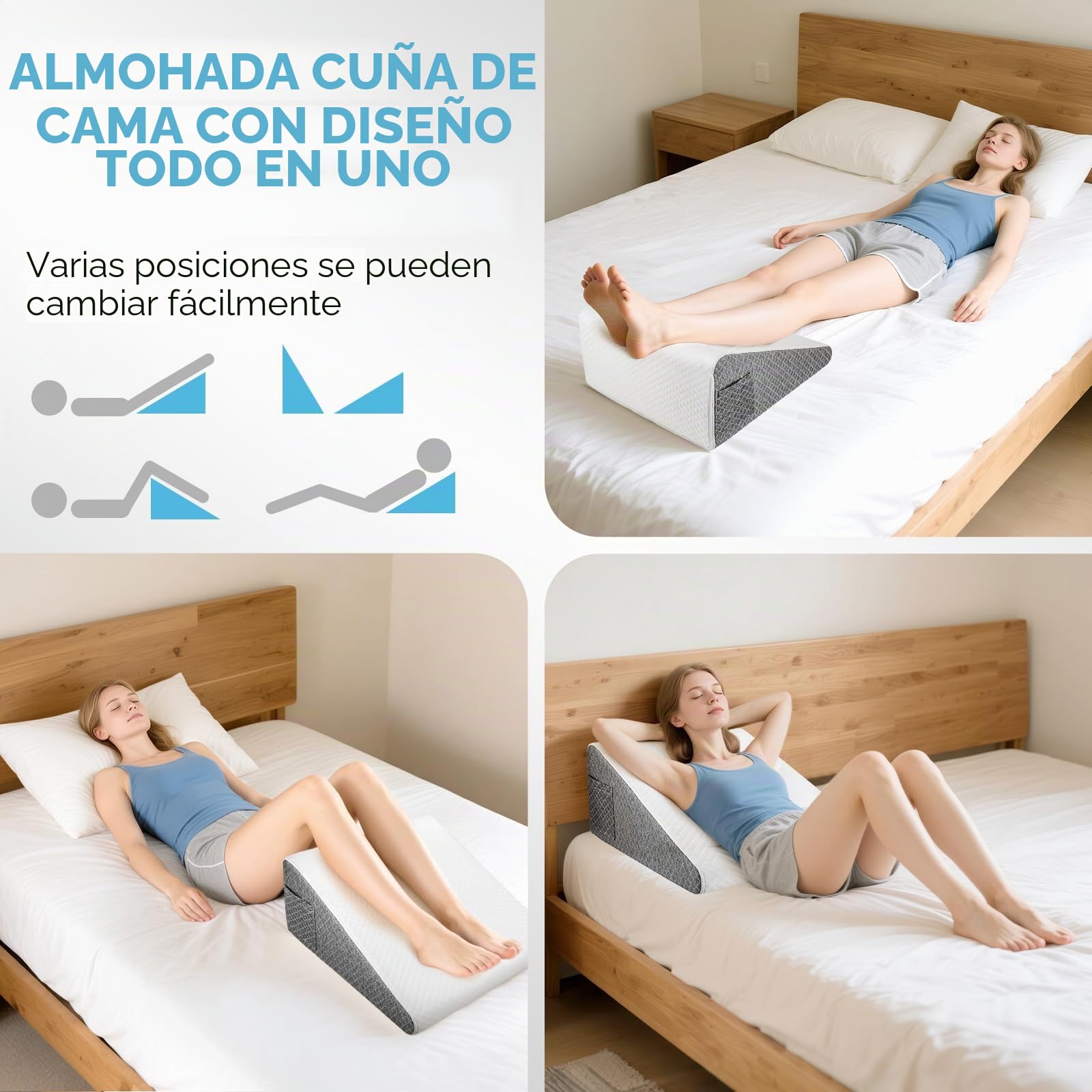 Almohada versátil en cuña con almohada cervical, espuma viscoelástica 25D, cojín de lectura para cama y sofá, almohada ergonómica para reflujo de apnea del sueño, cojín lumbar, cojín para piernas
