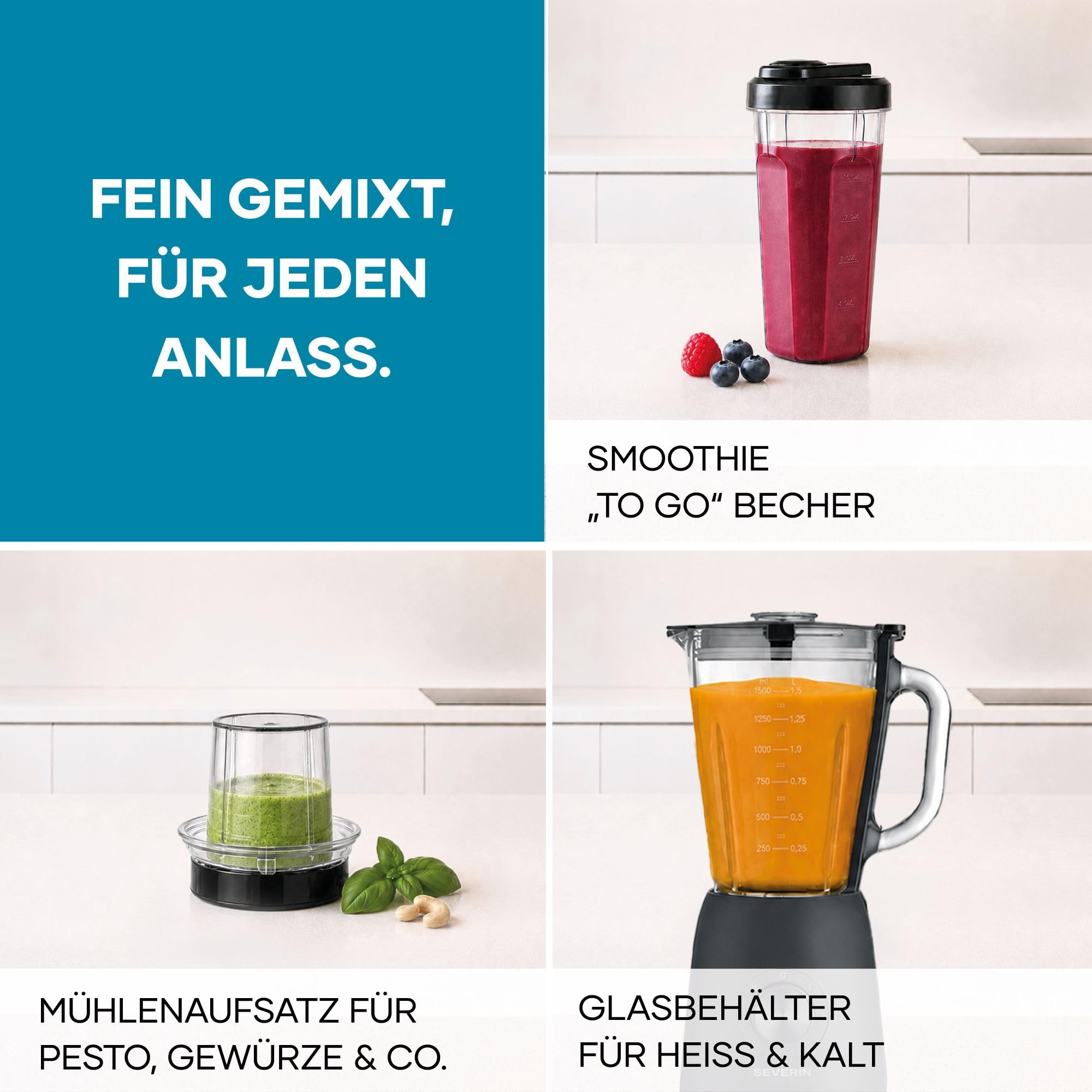 Severin Standmixer, Smoothie Maker, Blender elektrisch, 1,5L, 2 Stufen, Impulsfunktion, spülmaschinengeeignete Teile, Edelstahlmesser, inkl. to go Behälter und Mühlen-Aufsatz, 600W, schwarz, SM 3724