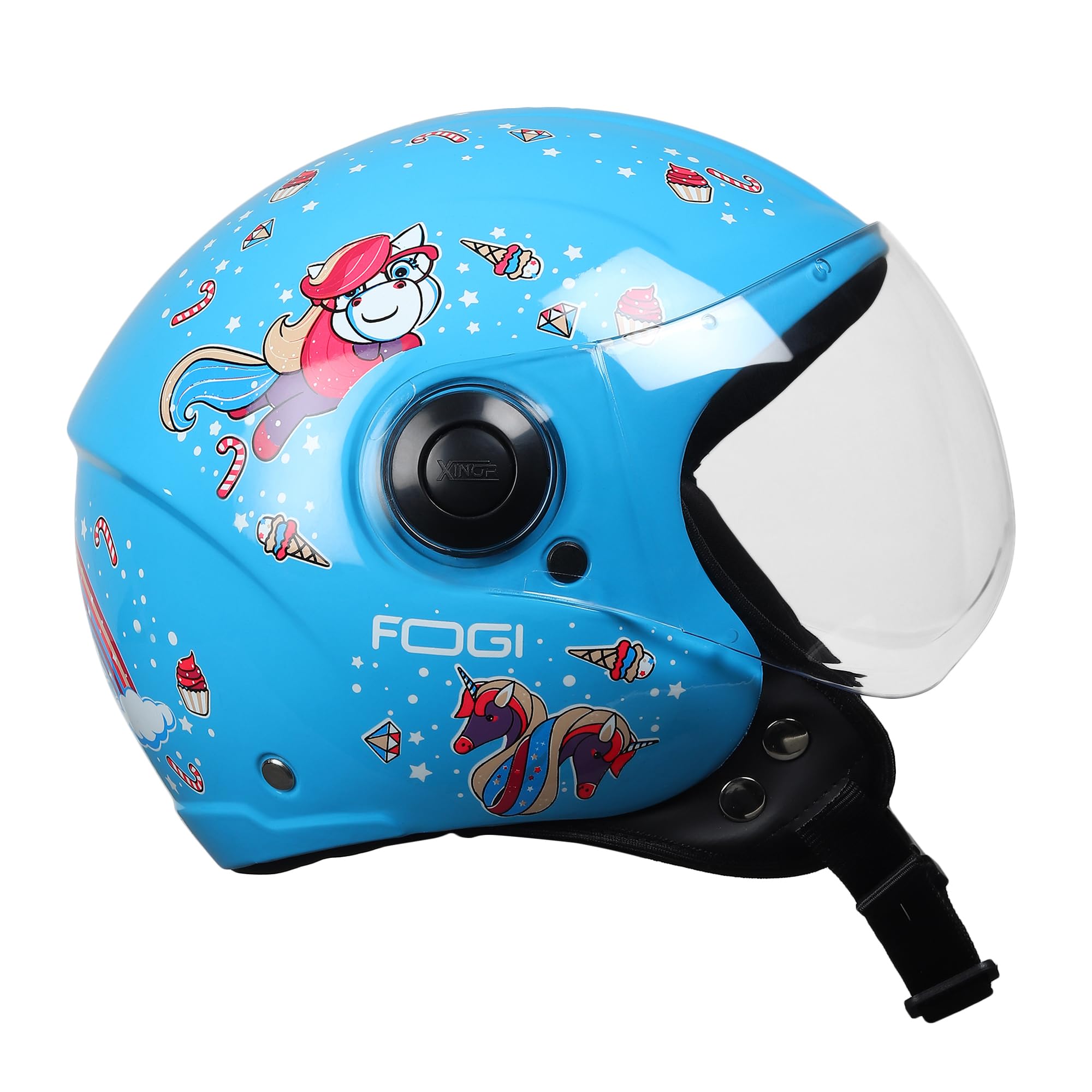 Kids Motorcycle Helmet by Xinor Fogi ISI Certified Ages 6-14 Years with Design - XS (Unicorn Blue)-image-3