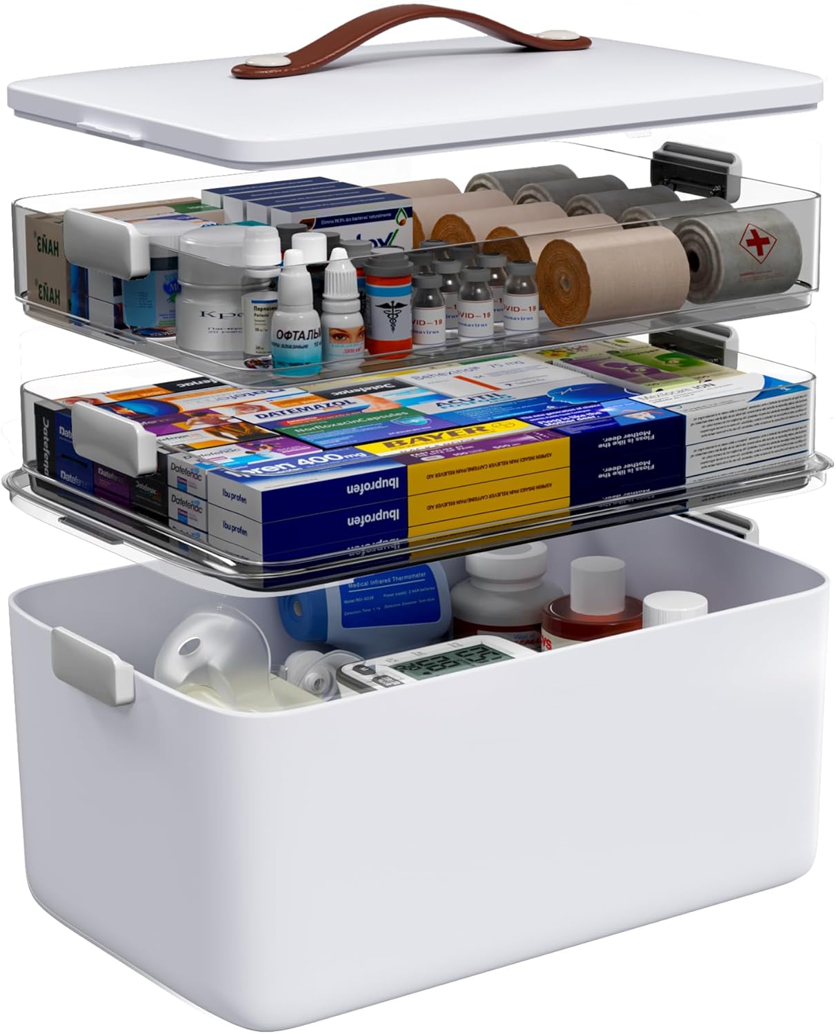 Medicine Organizer Box, 3-Tier Medicine Storage Box with Clear Trays and Carry Handle, Empty First Aid Kit Organizer for Pills, Bottles, Bandages, Home Cabinet