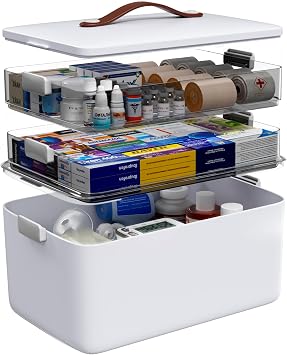Medicine Organizer Box, 3-Tier Medicine Storage Box with Clear Trays and Carry Handle, Empty First Aid Kit Organizer for Pills, Bottles, Bandages, Home Cabinet