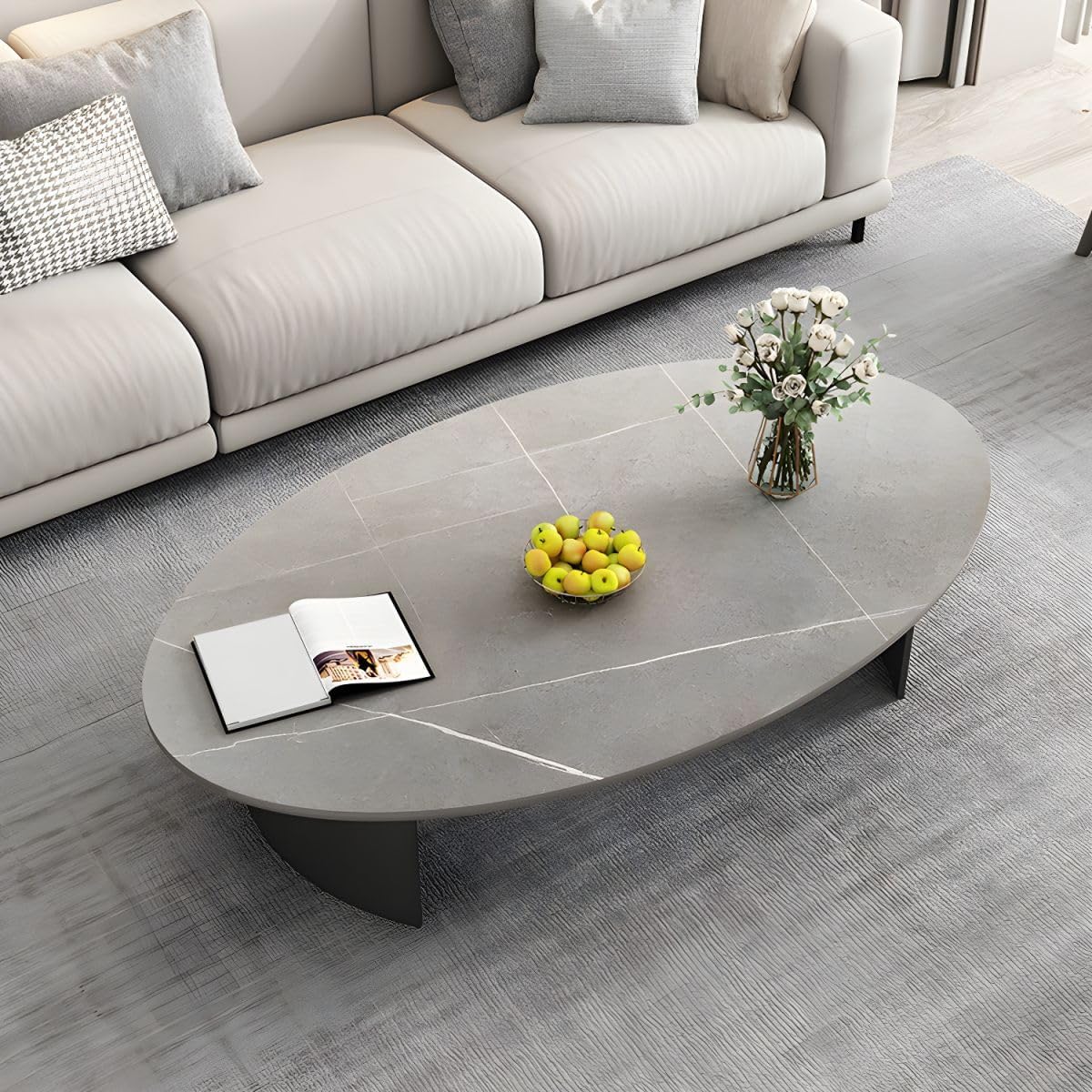 CraftThink Coffee Table, Mid Century Modern Oval Stone Tabletop SideTable Coffee Table with Double Pedestal Metal Base for Living Room Center -Gray 51" L x 27.5" W x 18" H