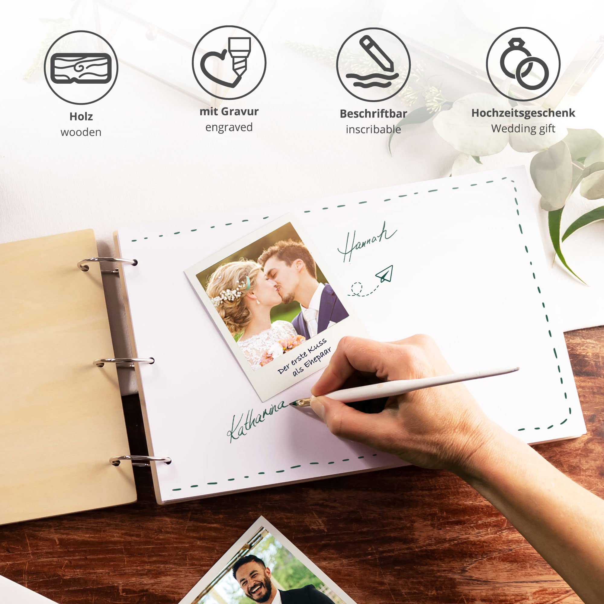Hochzeit Gästebuch, Hochzeitsbuch mit Gravur, Hochzeitsalbum zum Selbstgestalten, Hochzeitsgeschenk für Brautpaar, Hochzeitsdeko, Hochzeitsempfang Ringbuch, Blanko Buch Holz, Leeres Fotoalbum Hochzeit