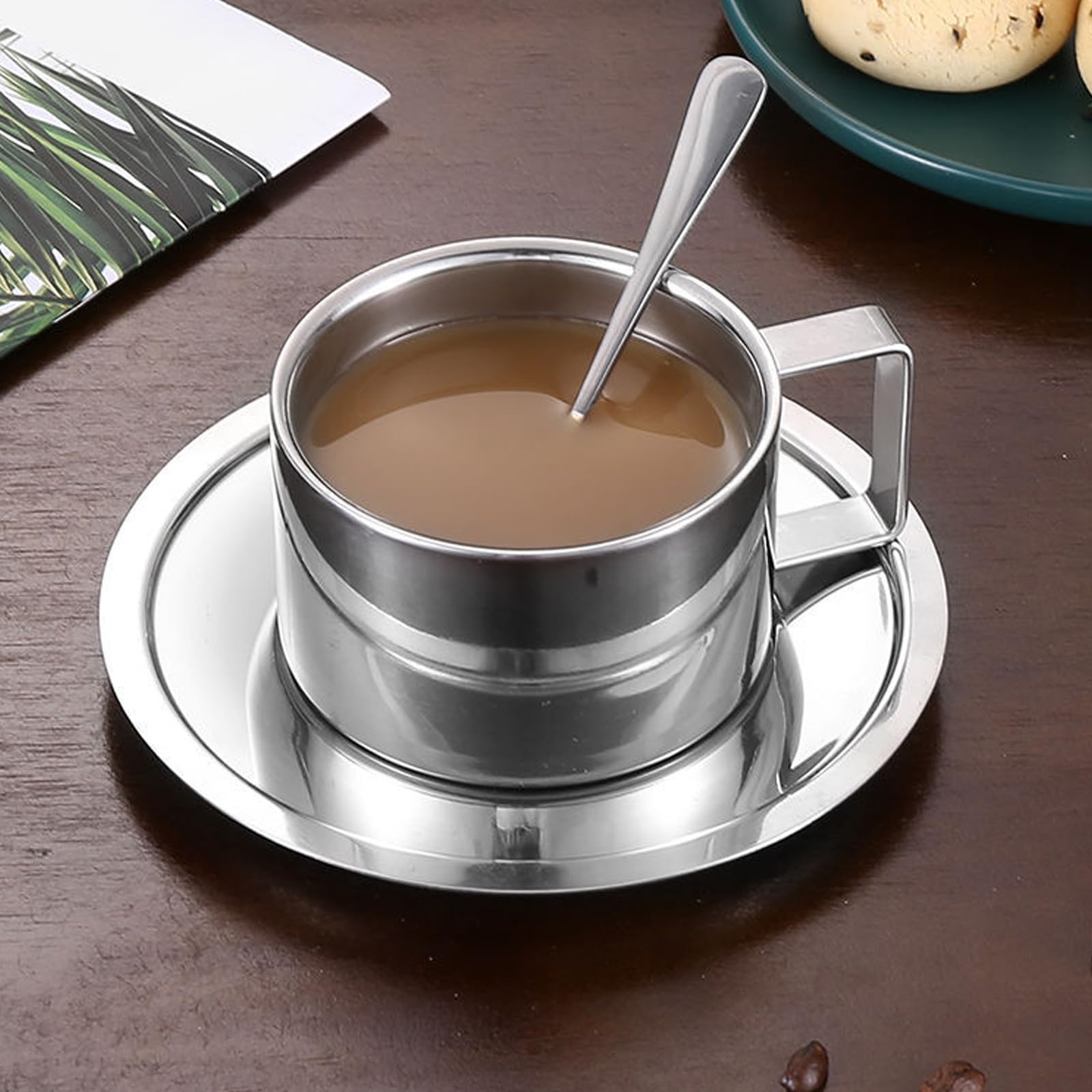 KAIXINXIN 304Stainless Steel Coffee Set with Cup Spoon and Tray Elegant Coffee Serving Set Coffee Drinkware for Various Usage