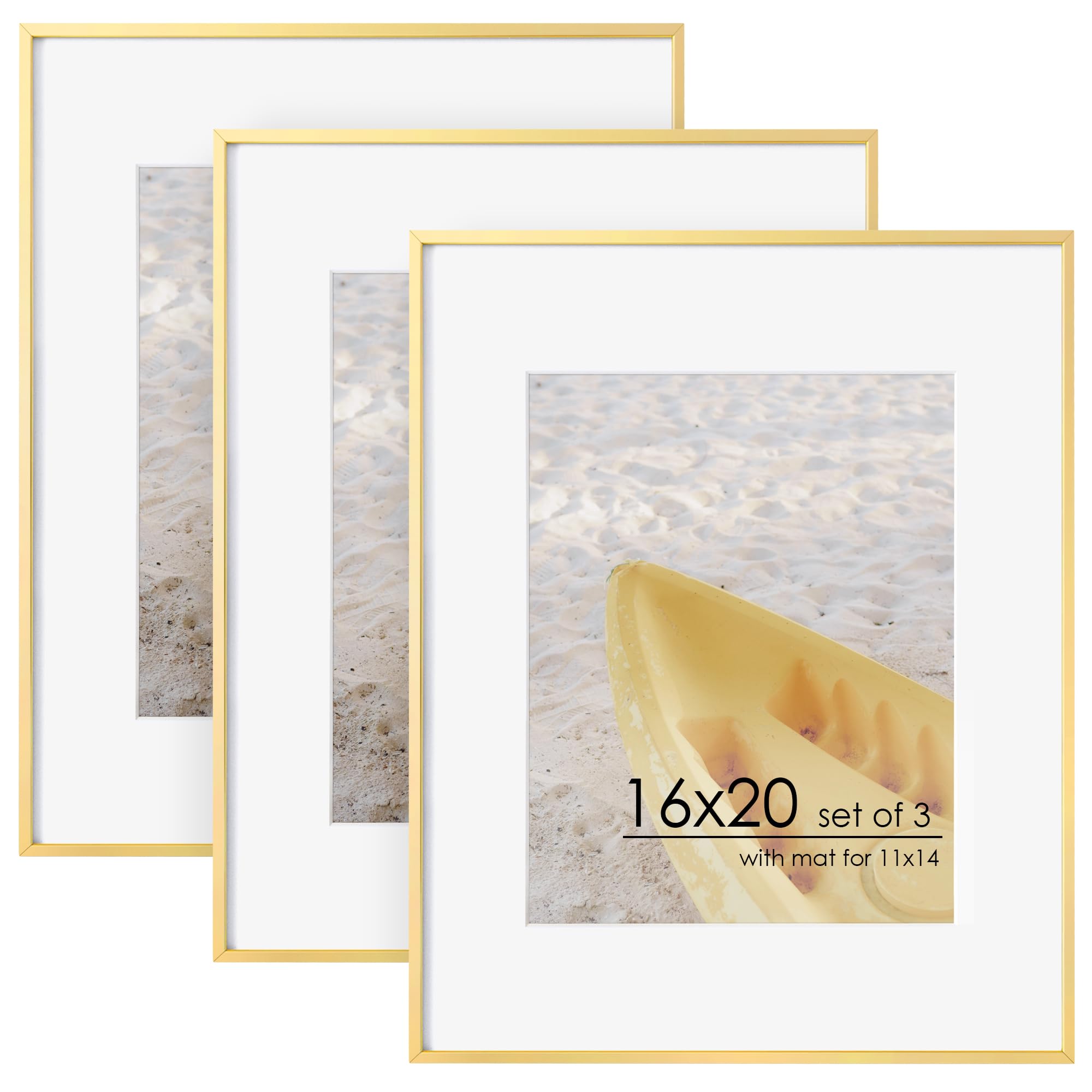 16x20 metal picture frame for wall with mat for 11x14, 16''x20'' aluminum photo frames with tempered glass for home decor, minimalist modern poster frame horizontally vertically set of 3, gold