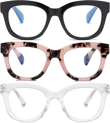 Gafas de lectura de gran tamaño para mujer, paquete de 3 unidades con bloqueo de luz azul, lectores de bisagra de resorte para computadora