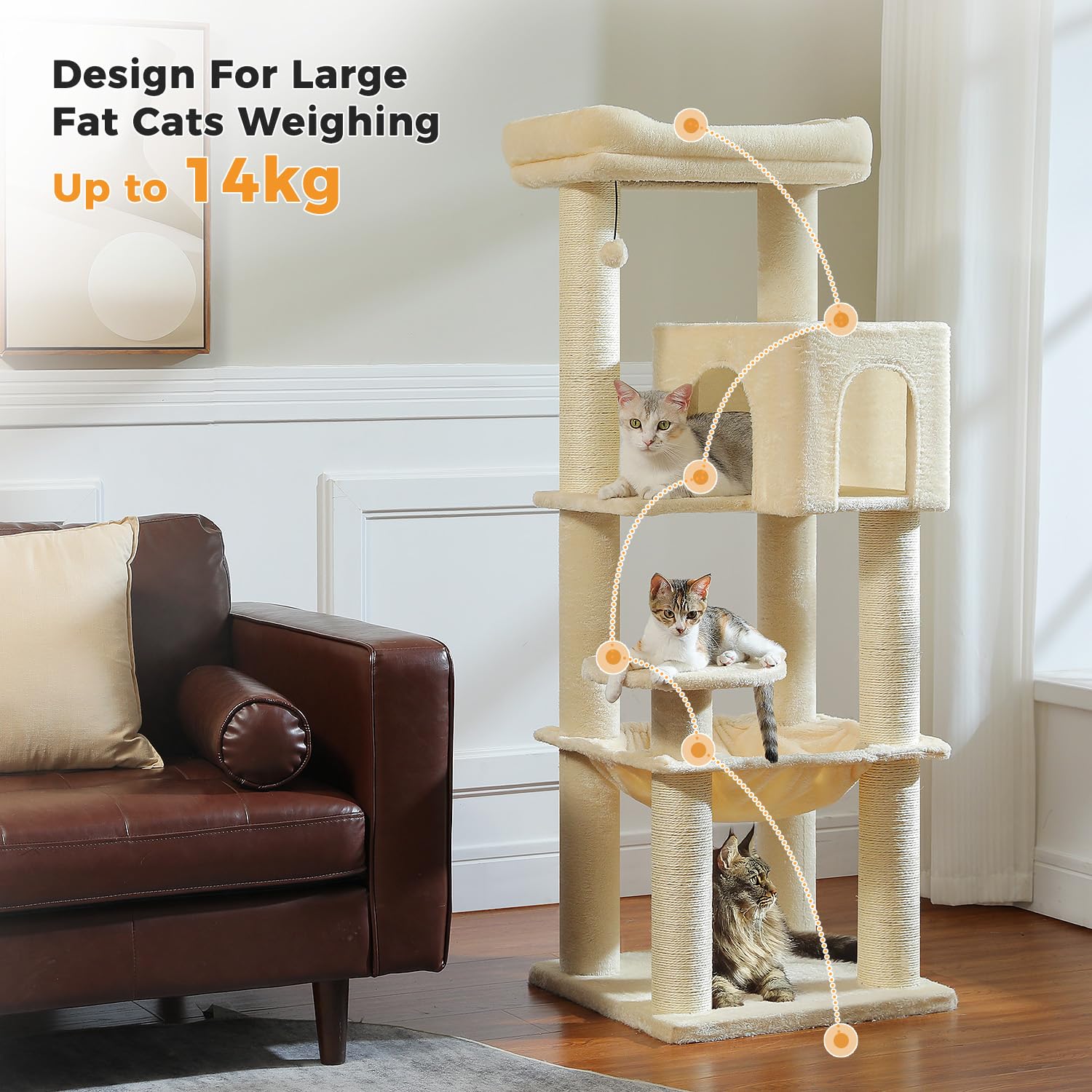 PAWZ Road Albero per gatti grande da 147 cm, con tiragraffi ispessiti (φ3,7 pollici) per gatti adulti di grandi dimensioni, 13,6 kg, centro attività multi-livello con struttura in metallo, amaca e