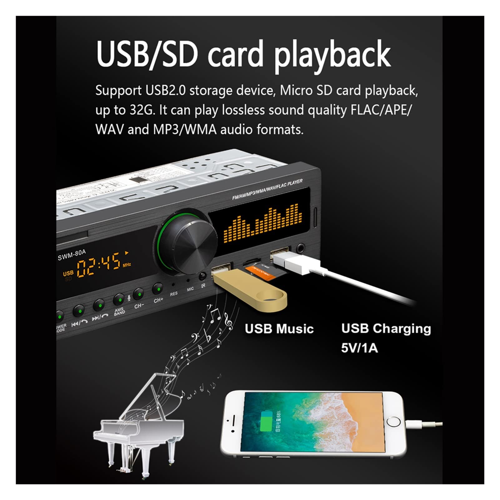 Car Radio Digital Bluetooth Handsfree Car Mp3 Player Stereo 60Wx4 Fm Audio Kit USB/SD 3. 5mm Aux Input Support Bluetooth Finder Przenośny(BT Finder Radio)